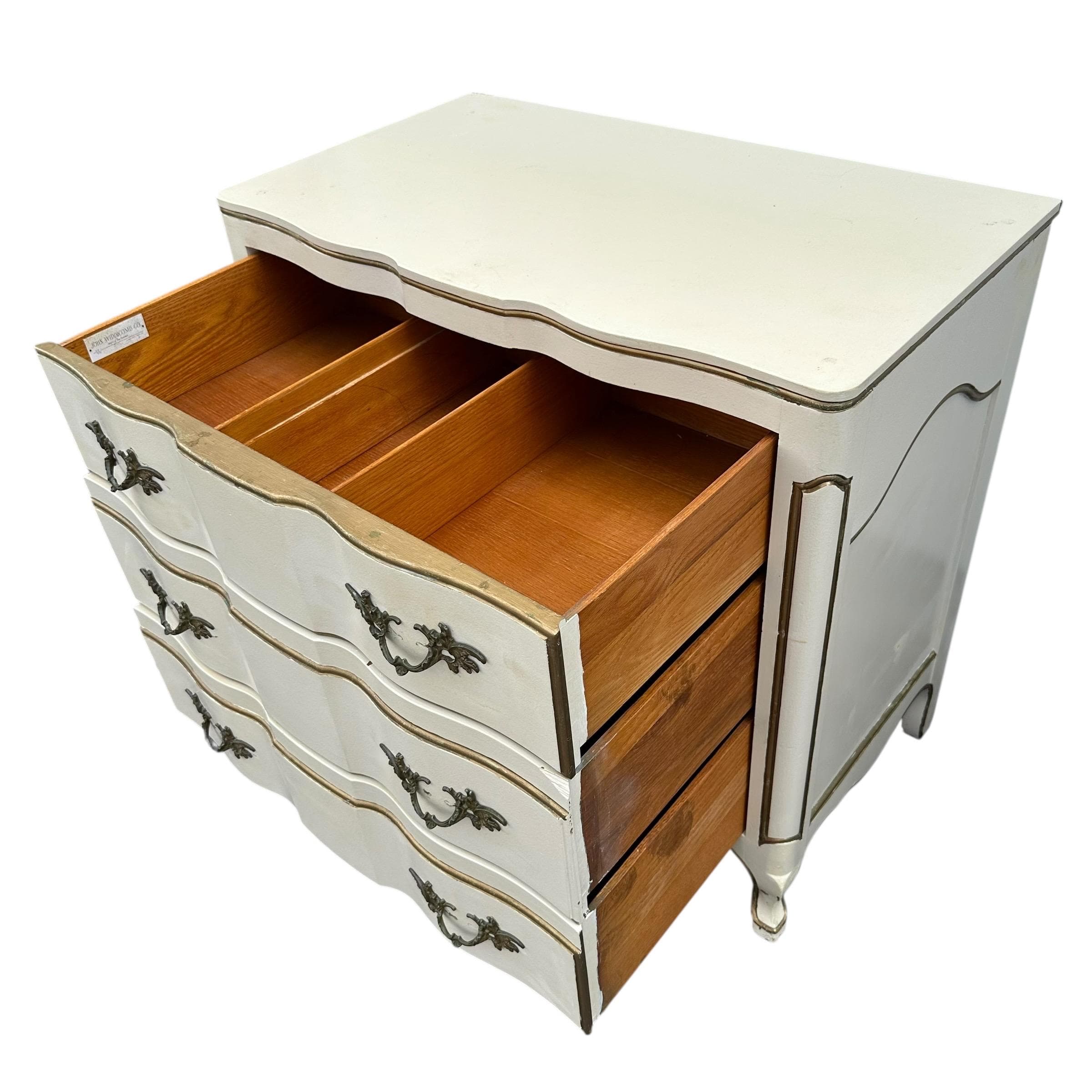 Vintage White French Provincial Nightstand by John Widdicomb - 3 Drawer Dresser Chest, Antique Gold Trim, Romantic Cottage Shabby Chic Style - Thumbnail 3