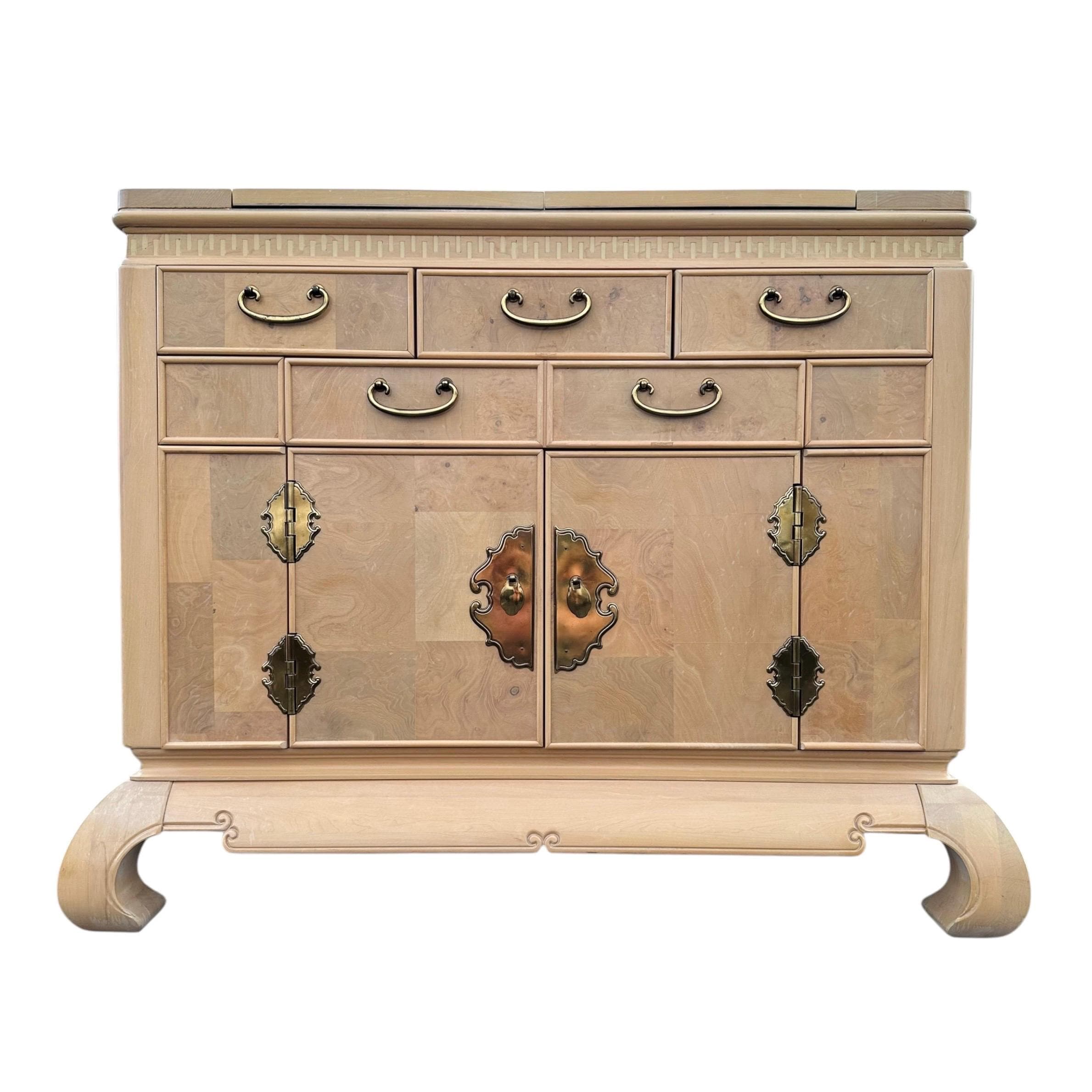 Chinoiserie Server by American of Martinsville 44" - Vintage Blonde Burl Wood, Gold Brass & Expanding Table Ming Asian Sideboard Cabinet - Image 1