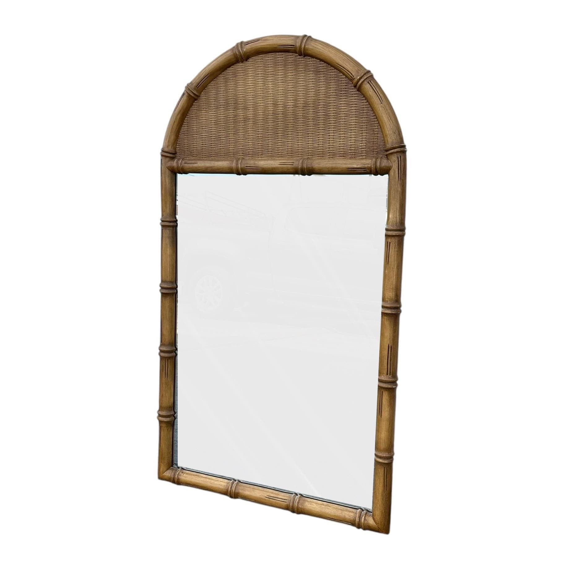 Faux Bamboo & Wicker Mirror 51x29 LOCAL PICKUP Vintage Broyhill Rounded Brown Wooden Coastal Hollywood Regency Style - Image 1