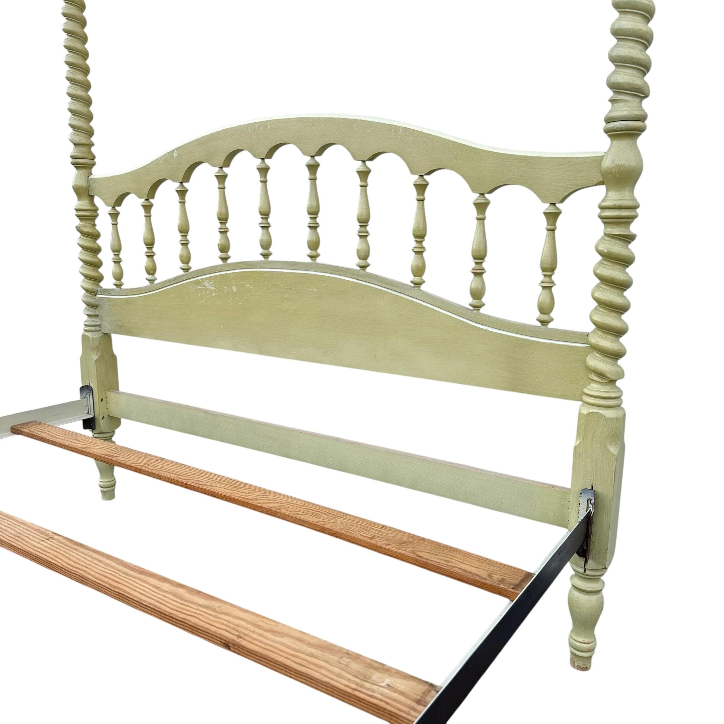 Rare Henry Link Full 4 Poster Bed - Vintage Green, Unique Spiral Carved Posts, Elegant Finials, Scalloped Spindle Back, Solid Wood - Thumbnail 3
