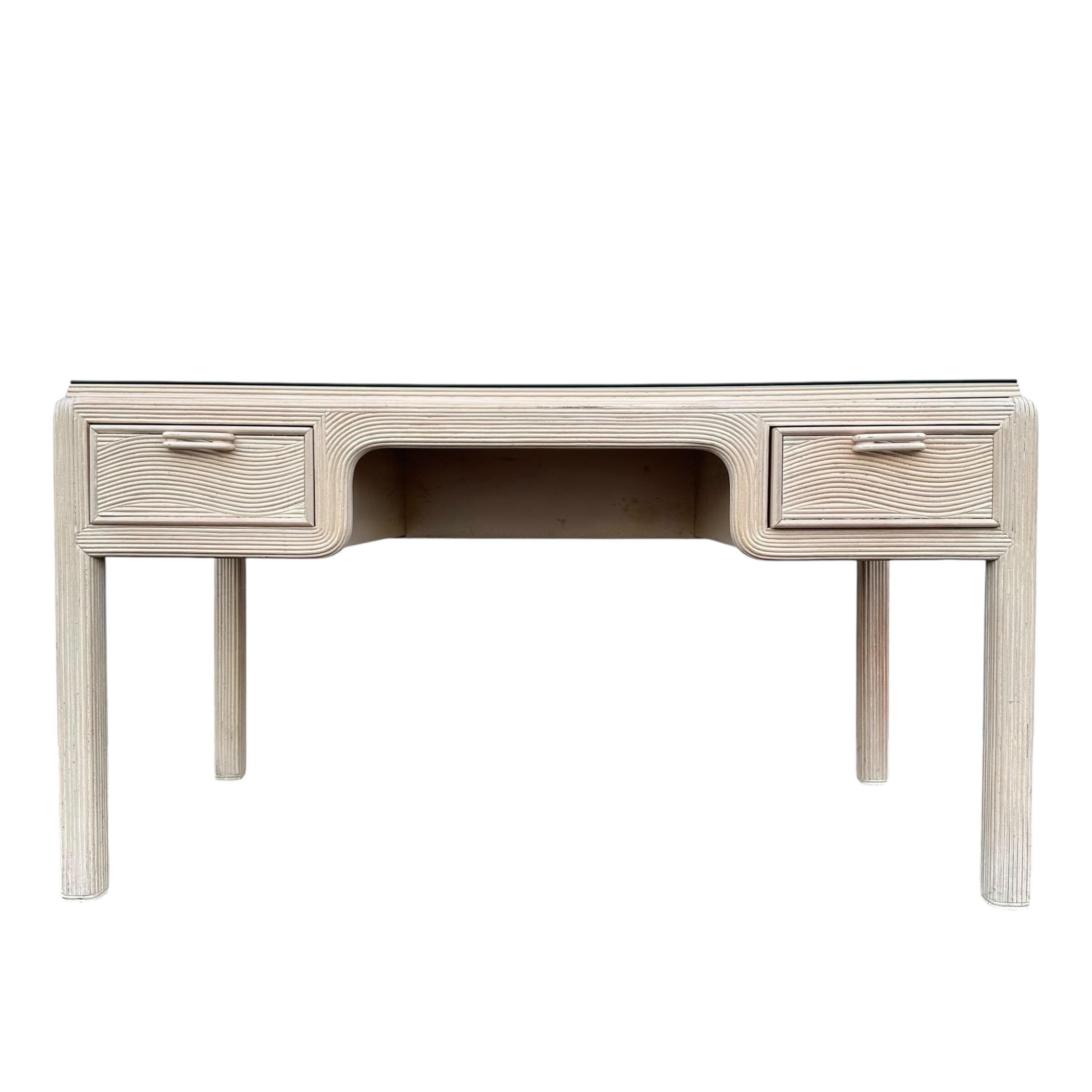 Vintage Whitewash Pencil Reed Desk 54" - American Drew Hollywood Regency - Thumbnail 10