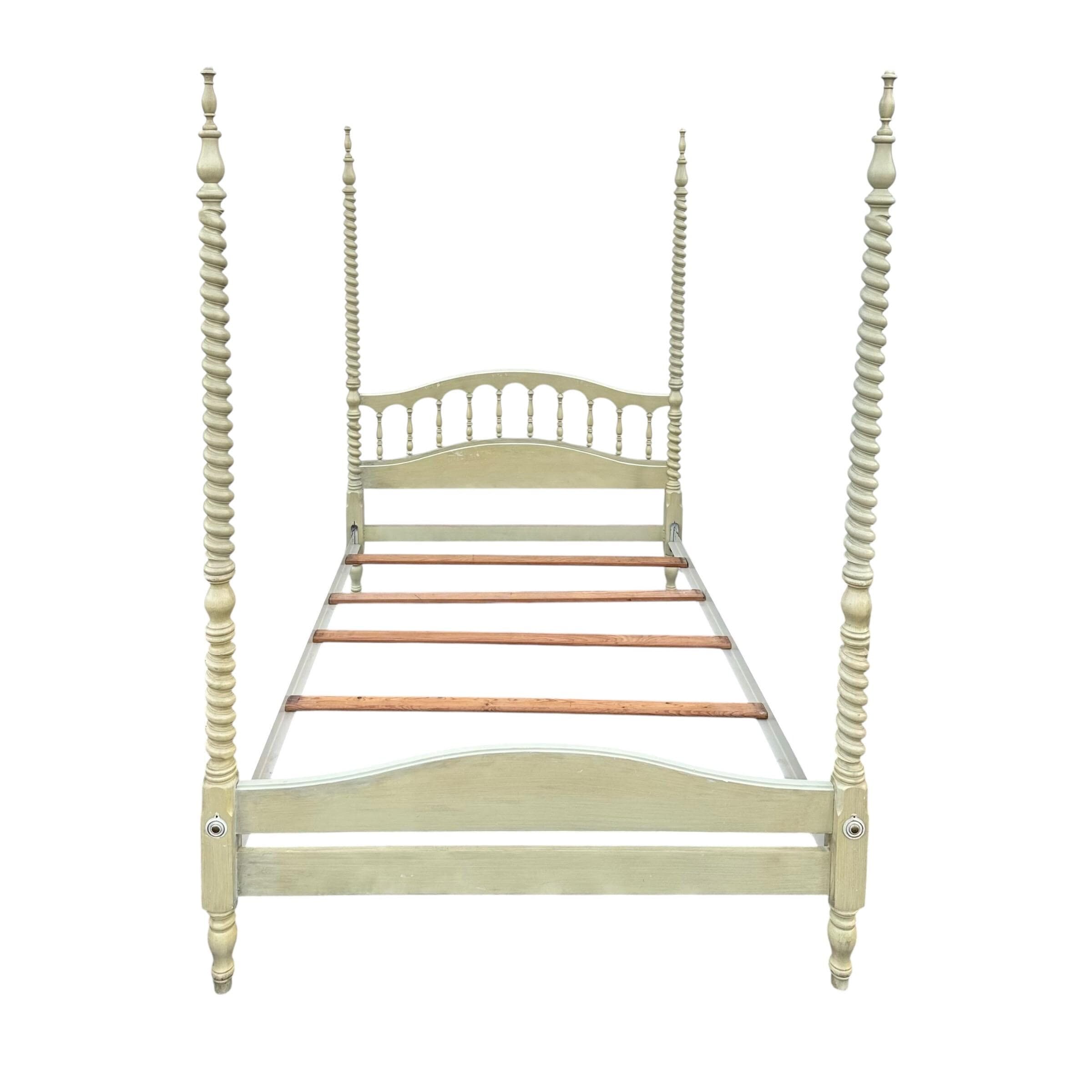 Rare Henry Link Full 4 Poster Bed - Vintage Green, Unique Spiral Carved Posts, Elegant Finials, Scalloped Spindle Back, Solid Wood - Thumbnail 2