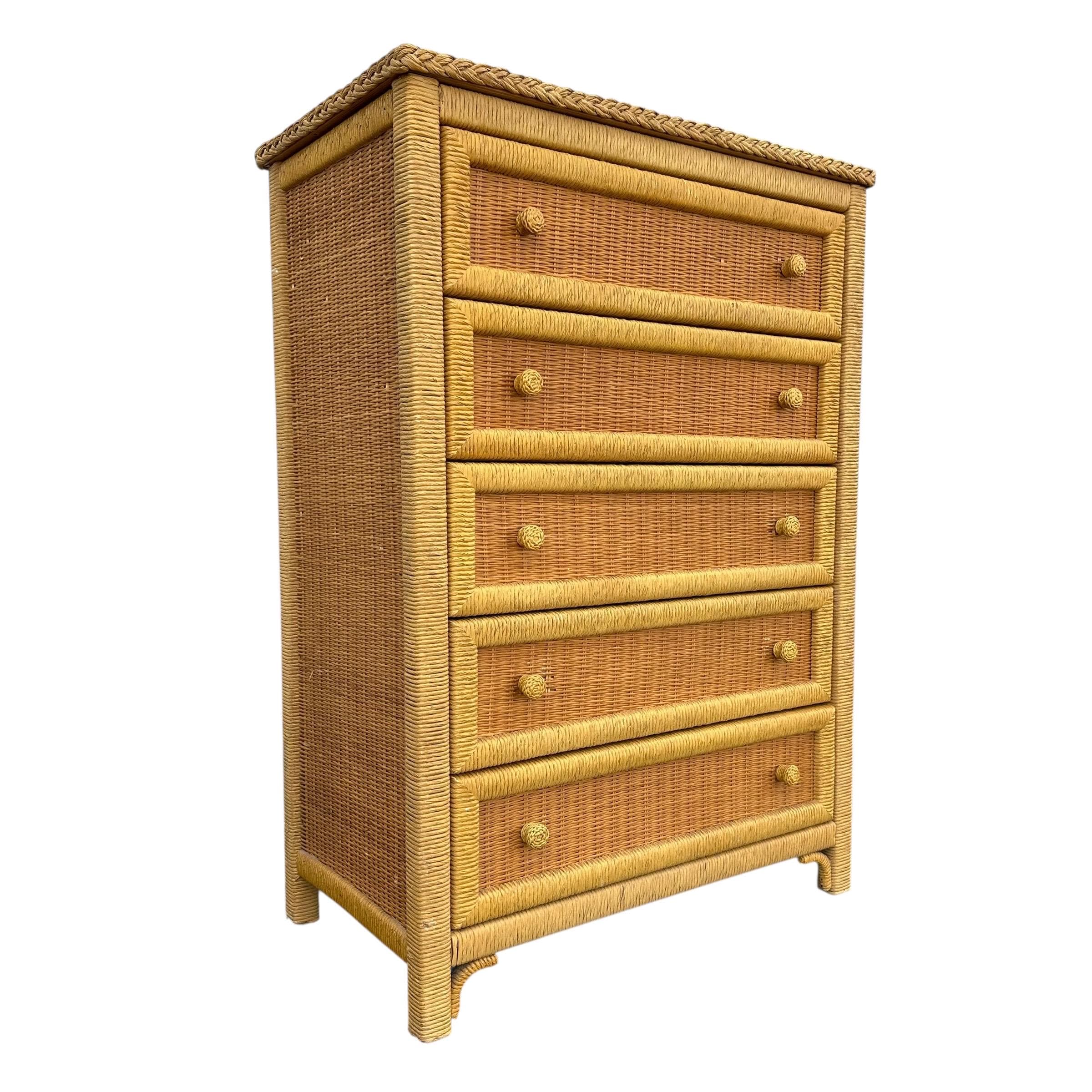 Wicker Dresser Chest by Henry Link - Vintage Natural Wrapped Rattan 5 Drawer Boho Chic Coastal Bamboo Style - Thumbnail 10