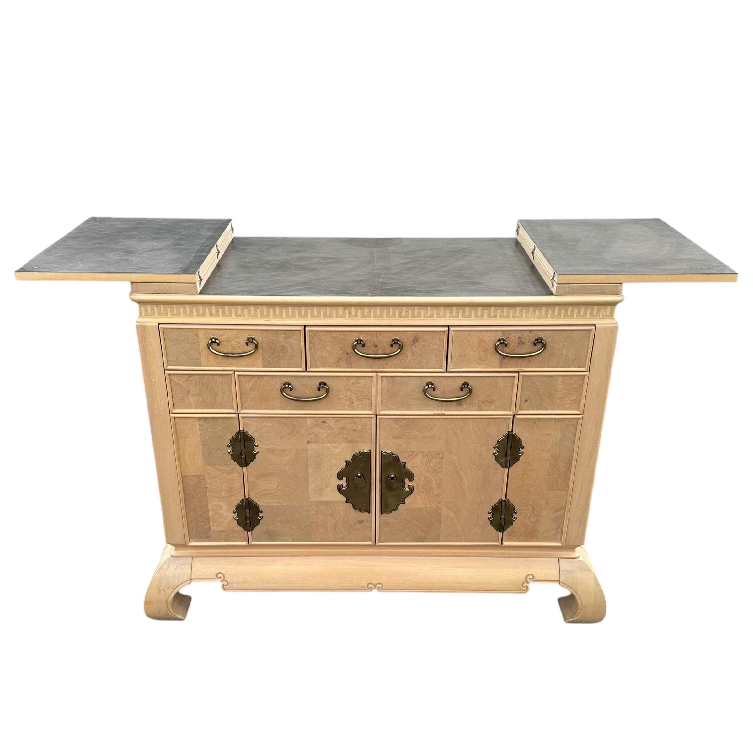 Chinoiserie Server by American of Martinsville 44" - Vintage Blonde Burl Wood, Gold Brass & Expanding Table Ming Asian Sideboard Cabinet - Thumbnail 7