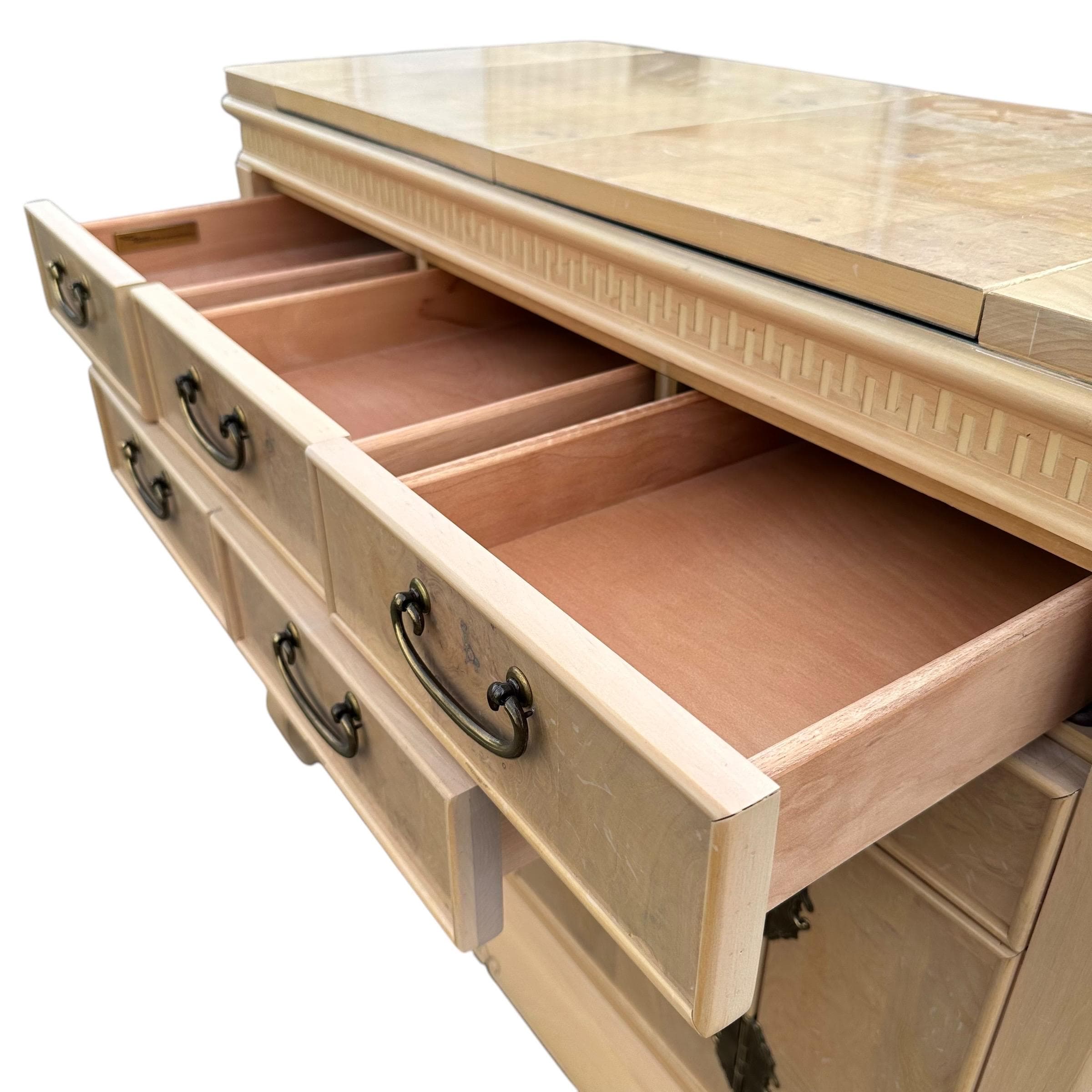 Chinoiserie Server by American of Martinsville 44" - Vintage Blonde Burl Wood, Gold Brass & Expanding Table Ming Asian Sideboard Cabinet - Thumbnail 5