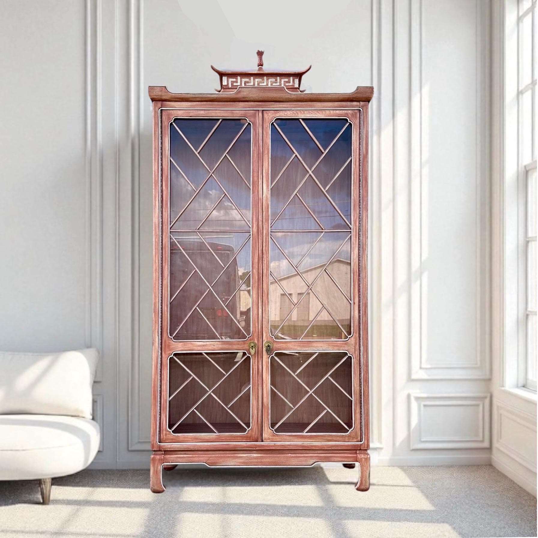 Vintage Pagoda China Cabinet by Tomlinson - Oversized Lighted Chinoiserie Vitrine - Rare Brushed Rose Wood Hollywood Regency - Image 1