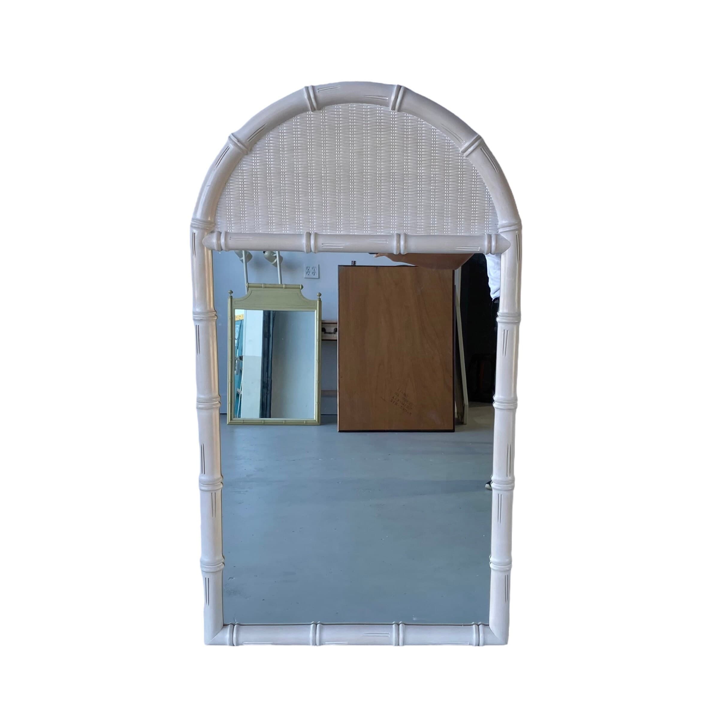 Faux Bamboo & Wicker Mirror 51x29 LOCAL PICKUP Vintage Broyhill Rounded Whitewash Coastal Hollywood Regency Style - Image 1