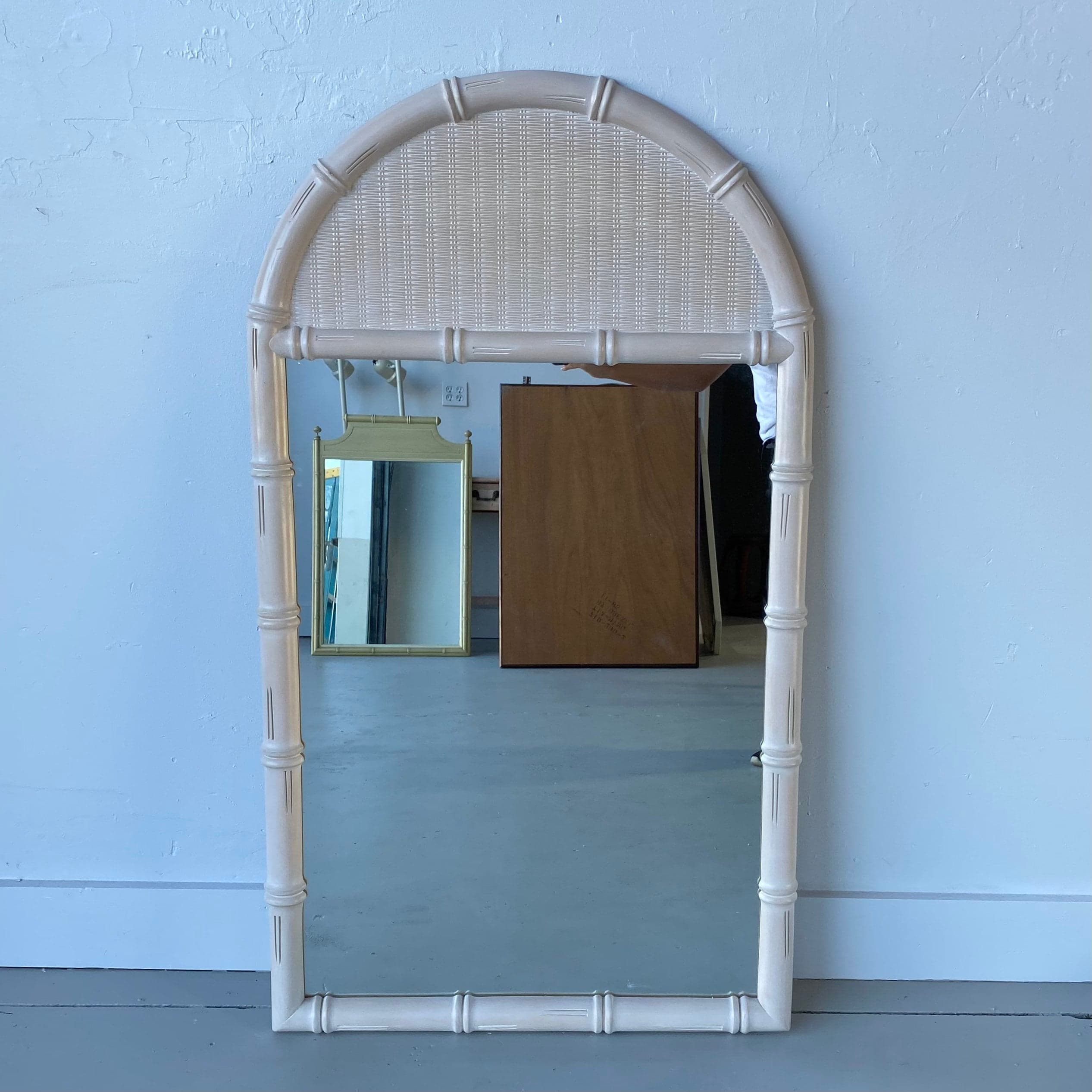 Faux Bamboo & Wicker Mirror 51x29 LOCAL PICKUP Vintage Broyhill Rounded Whitewash Coastal Hollywood Regency Style - Thumbnail 2