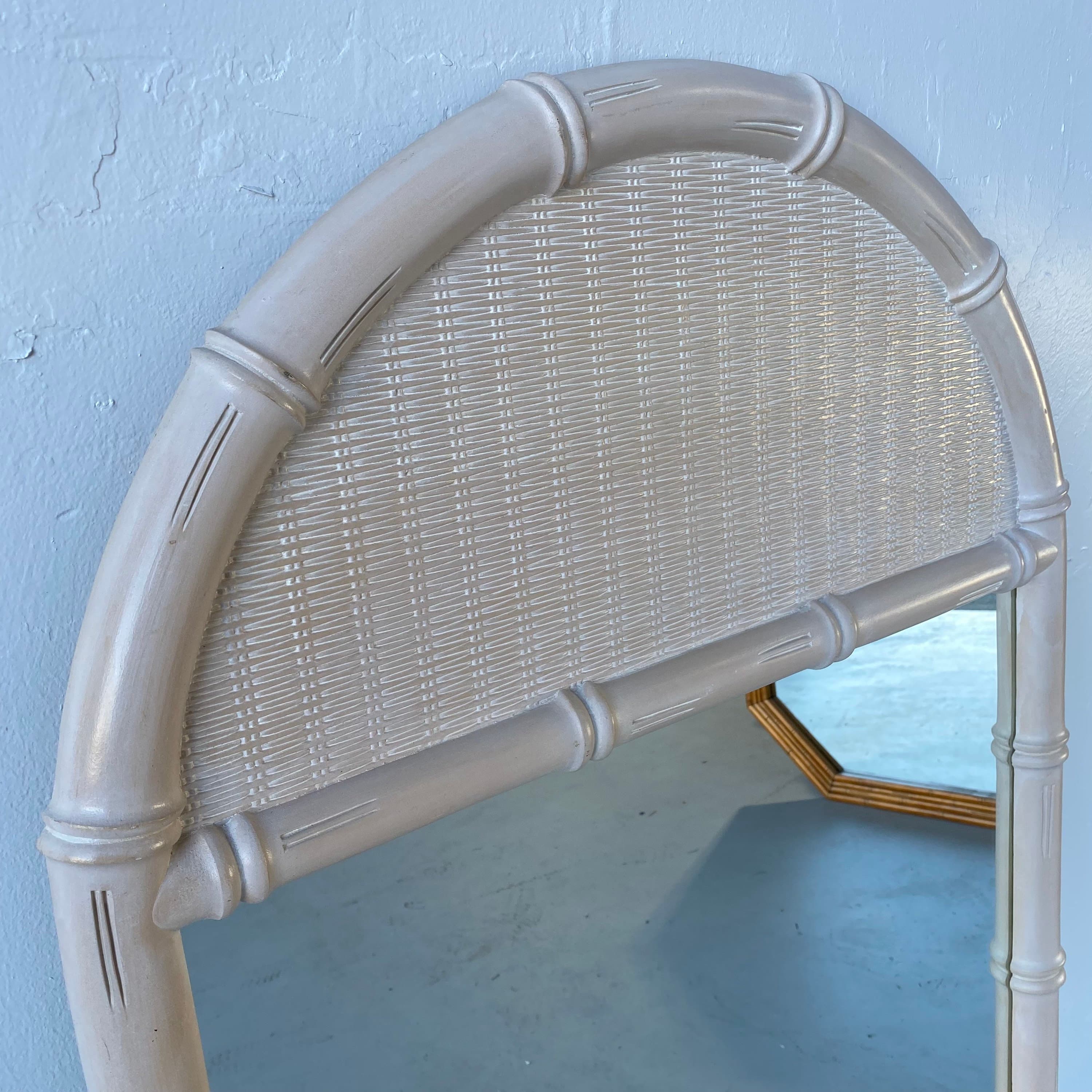 Faux Bamboo & Wicker Mirror 51x29 LOCAL PICKUP Vintage Broyhill Rounded Whitewash Coastal Hollywood Regency Style - Thumbnail 3