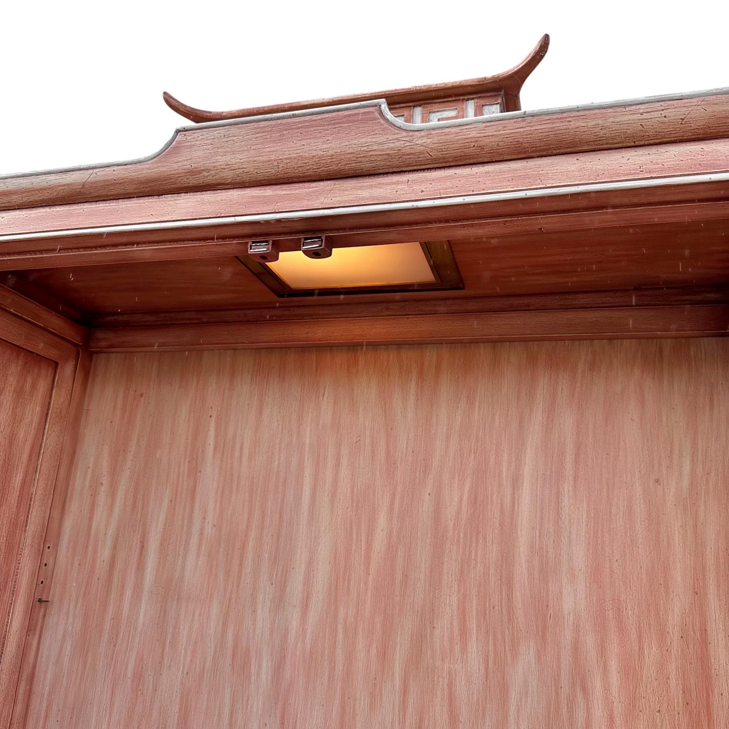 Vintage Pagoda China Cabinet by Tomlinson - Oversized Lighted Chinoiserie Vitrine - Rare Brushed Rose Wood Hollywood Regency - Thumbnail 8