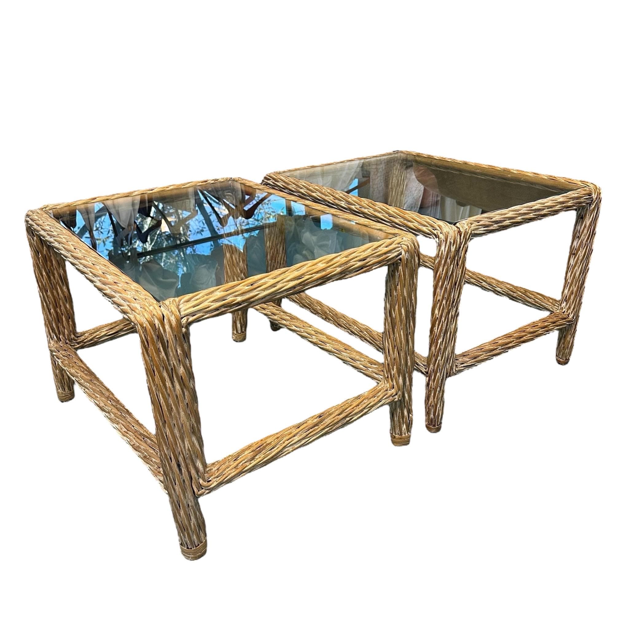 Rattan and Glass End Tables Set of 2 - Vintage Natural Rope Side Table Pair - Coastal Boho Chic Hollywood Regency MCM Furniture - Image 1