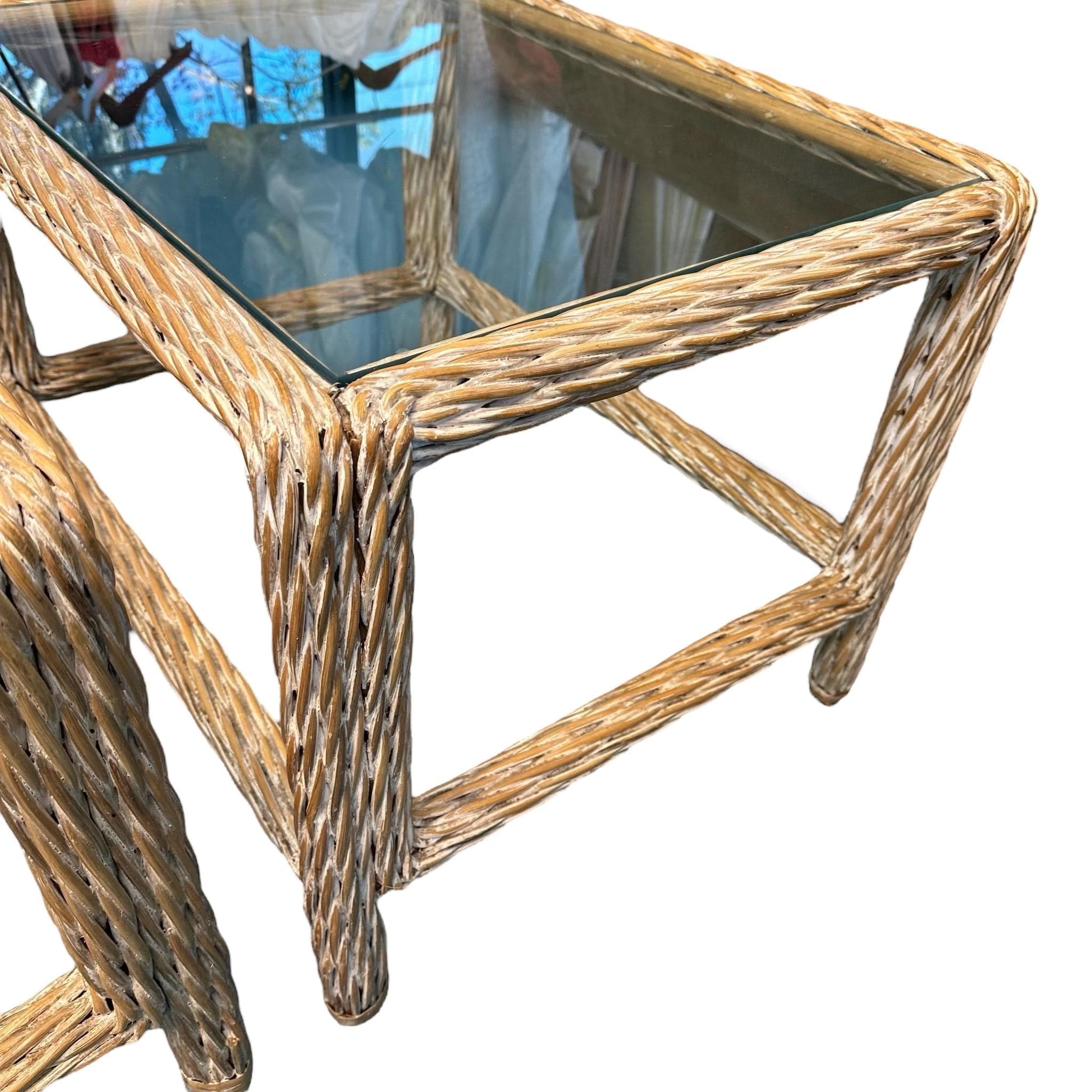 Rattan and Glass End Tables Set of 2 - Vintage Natural Rope Side Table Pair - Coastal Boho Chic Hollywood Regency MCM Furniture - Thumbnail 5