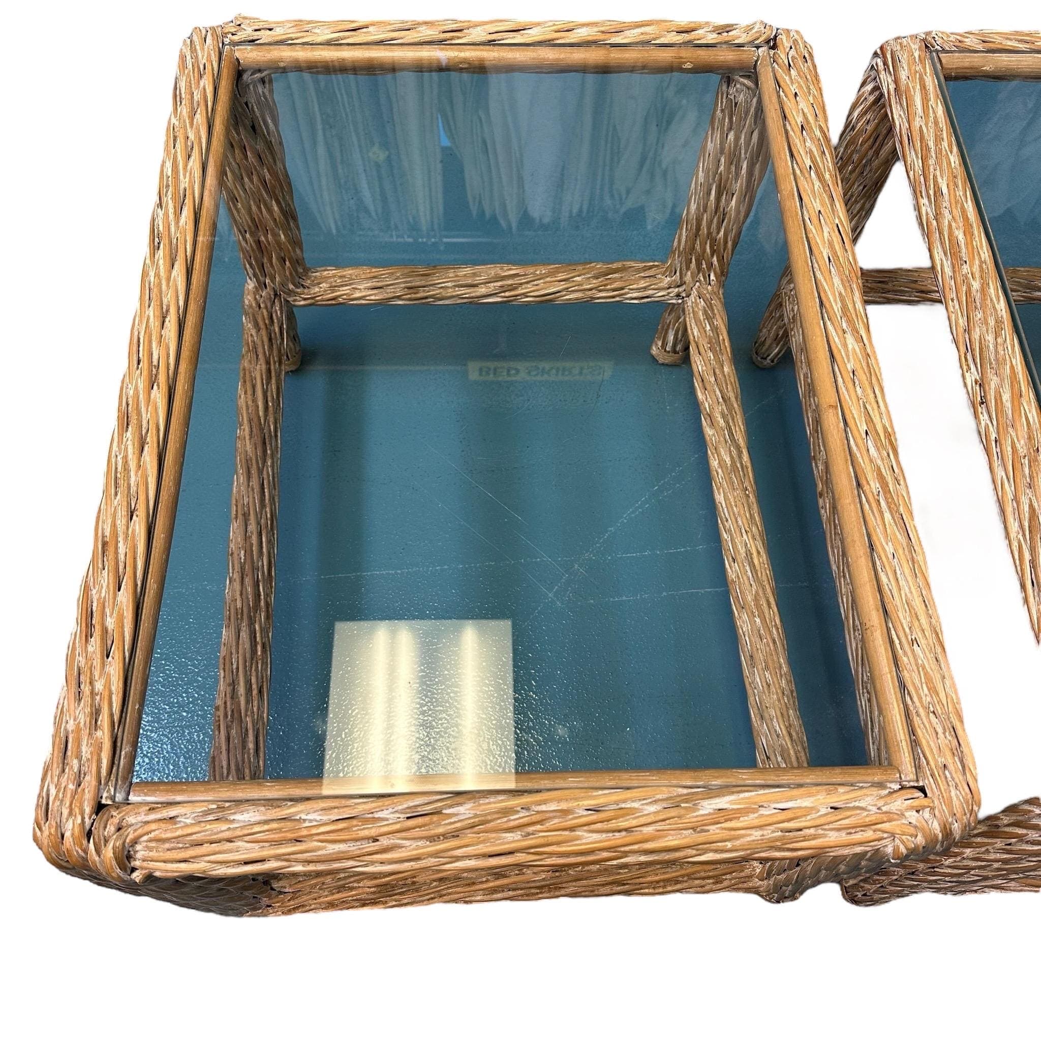 Rattan and Glass End Tables Set of 2 - Vintage Natural Rope Side Table Pair - Coastal Boho Chic Hollywood Regency MCM Furniture - Thumbnail 6