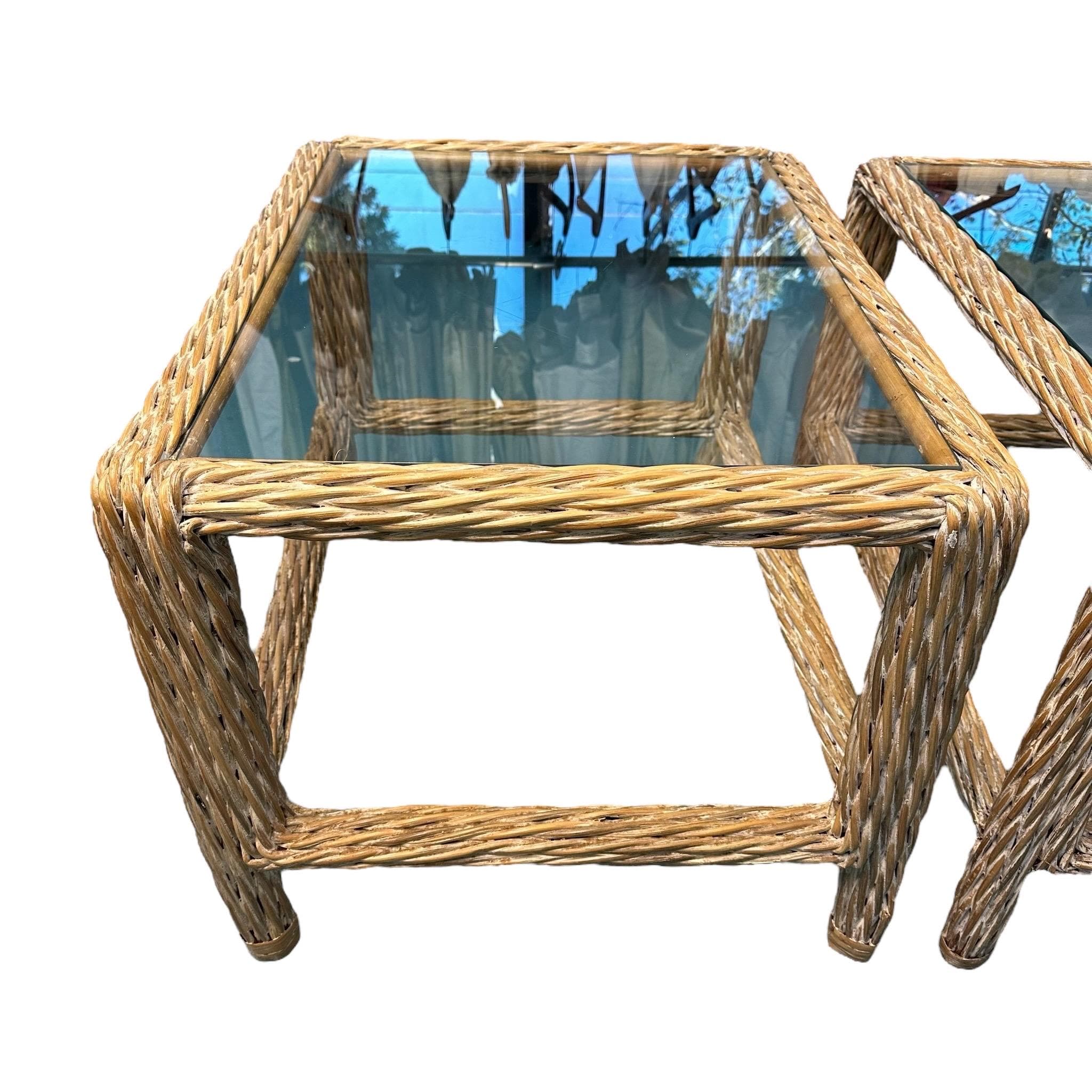 Rattan and Glass End Tables Set of 2 - Vintage Natural Rope Side Table Pair - Coastal Boho Chic Hollywood Regency MCM Furniture - Thumbnail 4