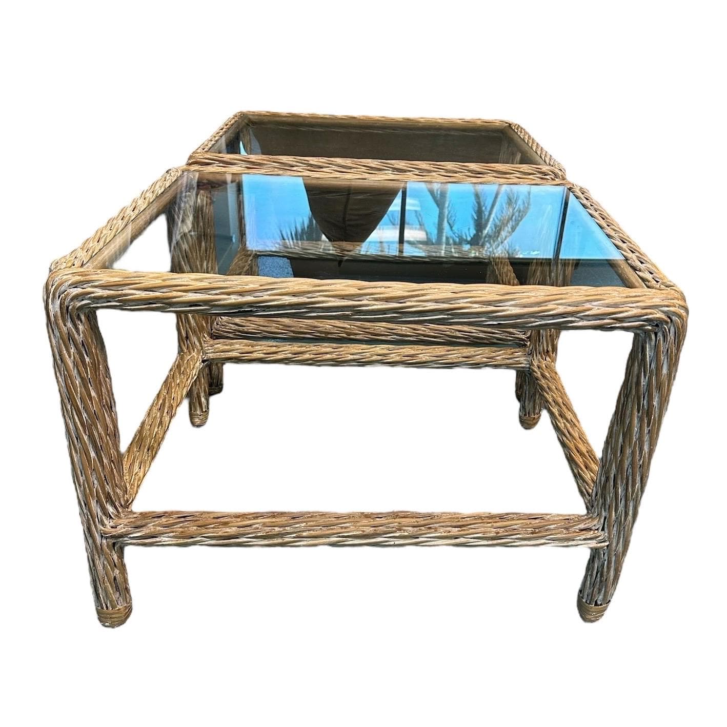 Rattan and Glass End Tables Set of 2 - Vintage Natural Rope Side Table Pair - Coastal Boho Chic Hollywood Regency MCM Furniture - Thumbnail 8
