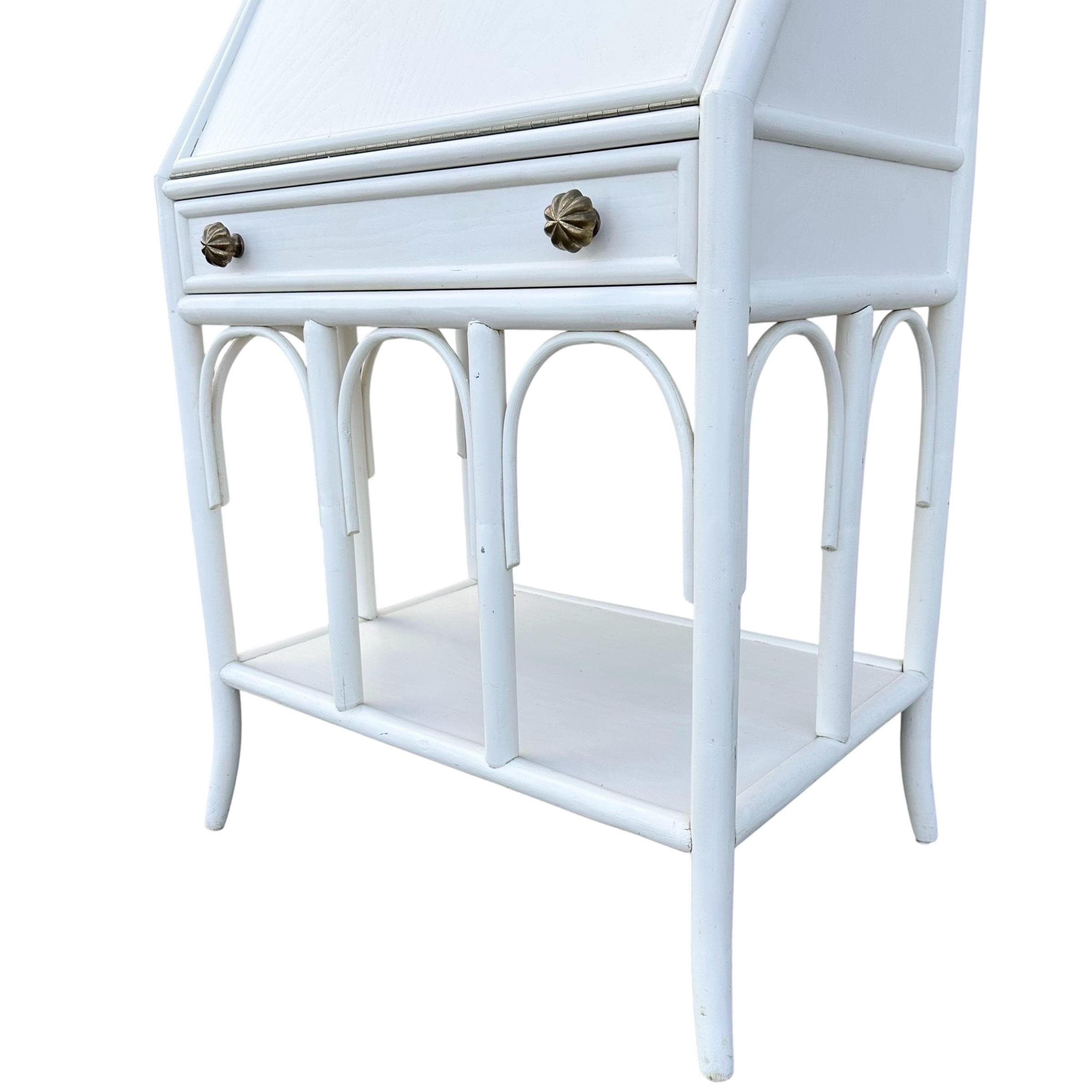 Vintage White Bamboo Secretary Desk with Drop Front - Coastal Rattan Boho Chic Style Furniture - Thumbnail 7