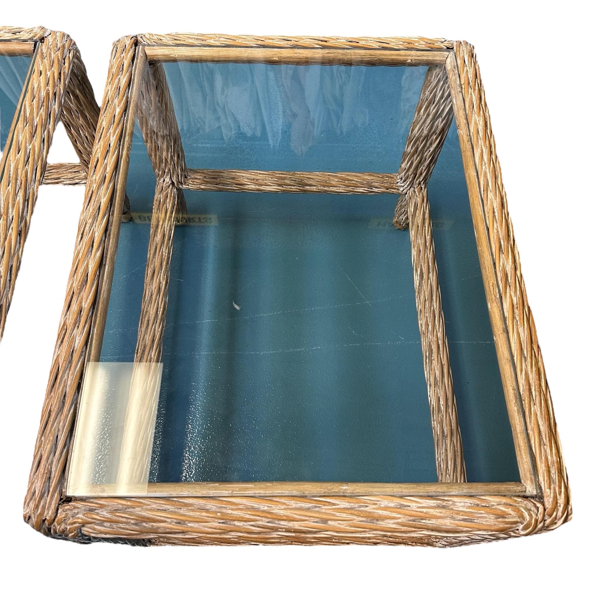 Rattan and Glass End Tables Set of 2 - Vintage Natural Rope Side Table Pair - Coastal Boho Chic Hollywood Regency MCM Furniture - Thumbnail 7