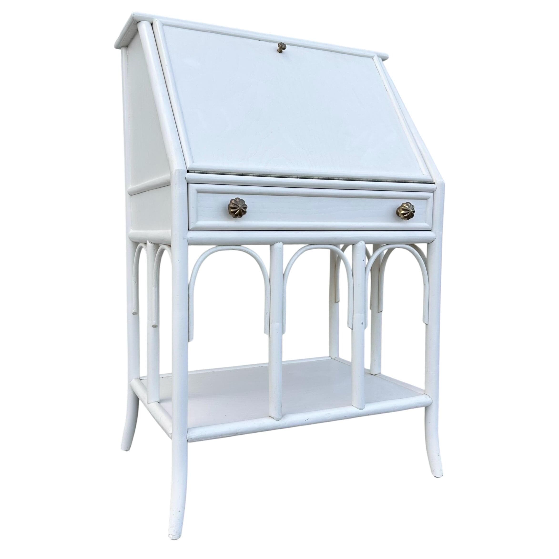 Vintage White Bamboo Secretary Desk with Drop Front - Coastal Rattan Boho Chic Style Furniture - Thumbnail 2