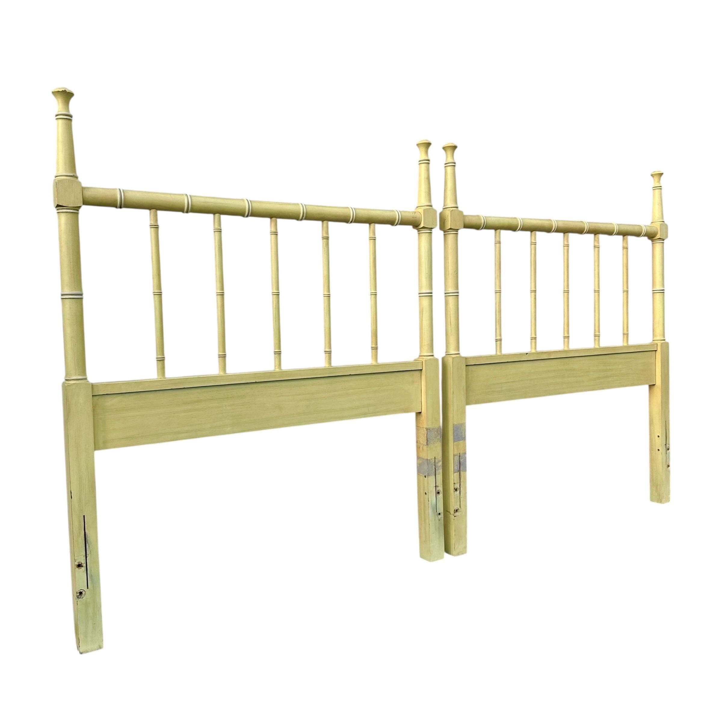 Yellow Faux Bamboo Twin Post Headboards - Set of 2 Vintage Henry Link Bali Hai Spindle Wood Hollywood Regency Coastal Bedroom Furniture Pair - Thumbnail 2
