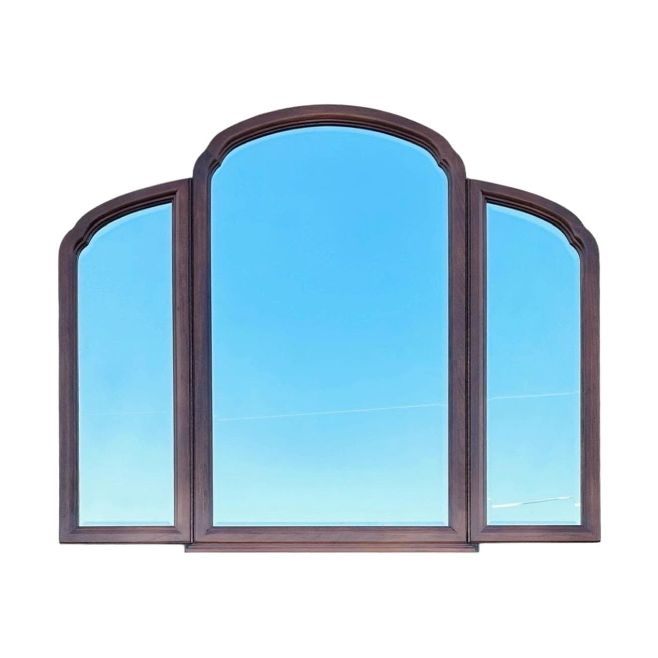 TriFold Mirror by Thomasville Mystique 59x50 - Vintage 3 Panel Pecan Wood Dresser Vanity Chinoiserie Asian Style Furniture - Image 1