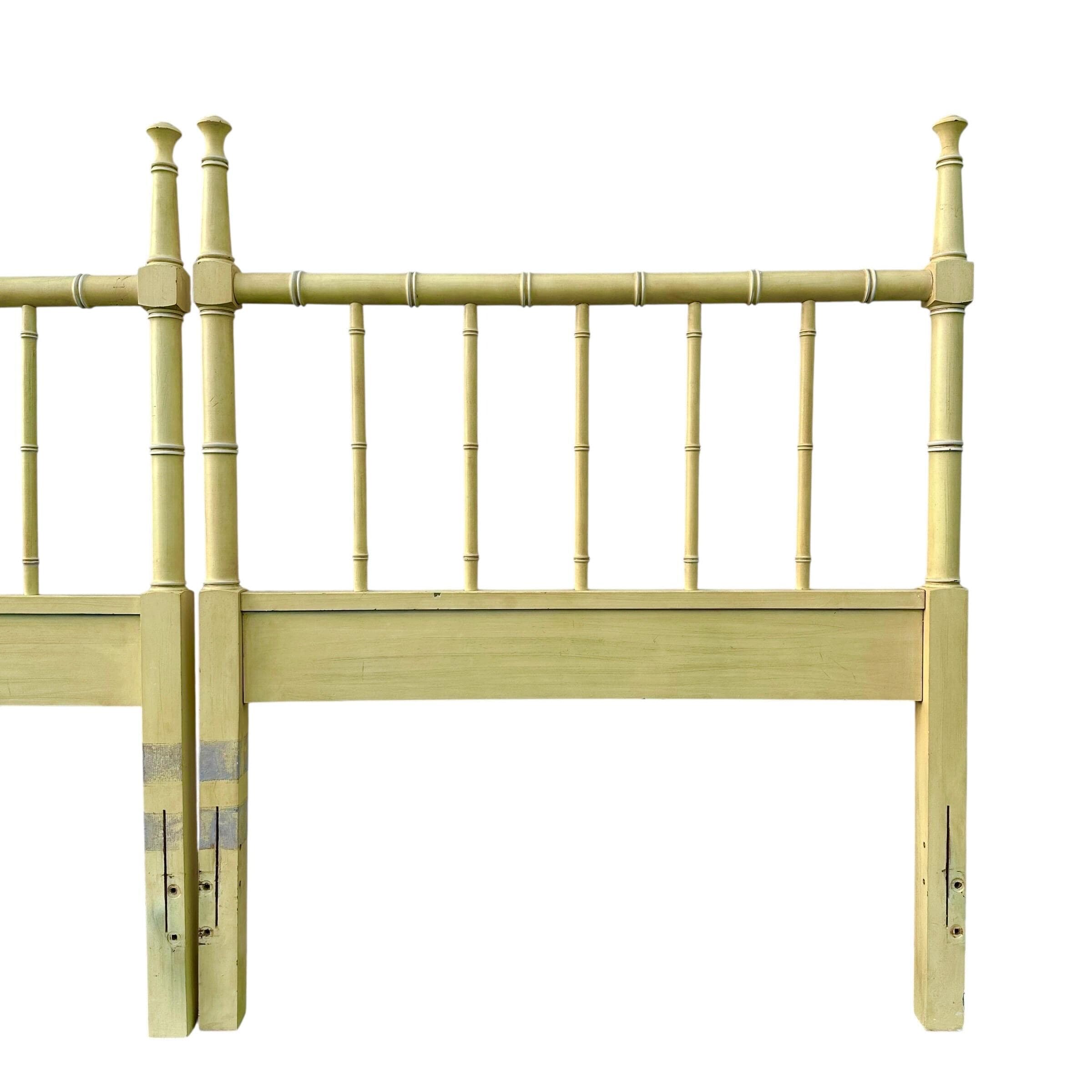 Yellow Faux Bamboo Twin Post Headboards - Set of 2 Vintage Henry Link Bali Hai Spindle Wood Hollywood Regency Coastal Bedroom Furniture Pair - Thumbnail 4