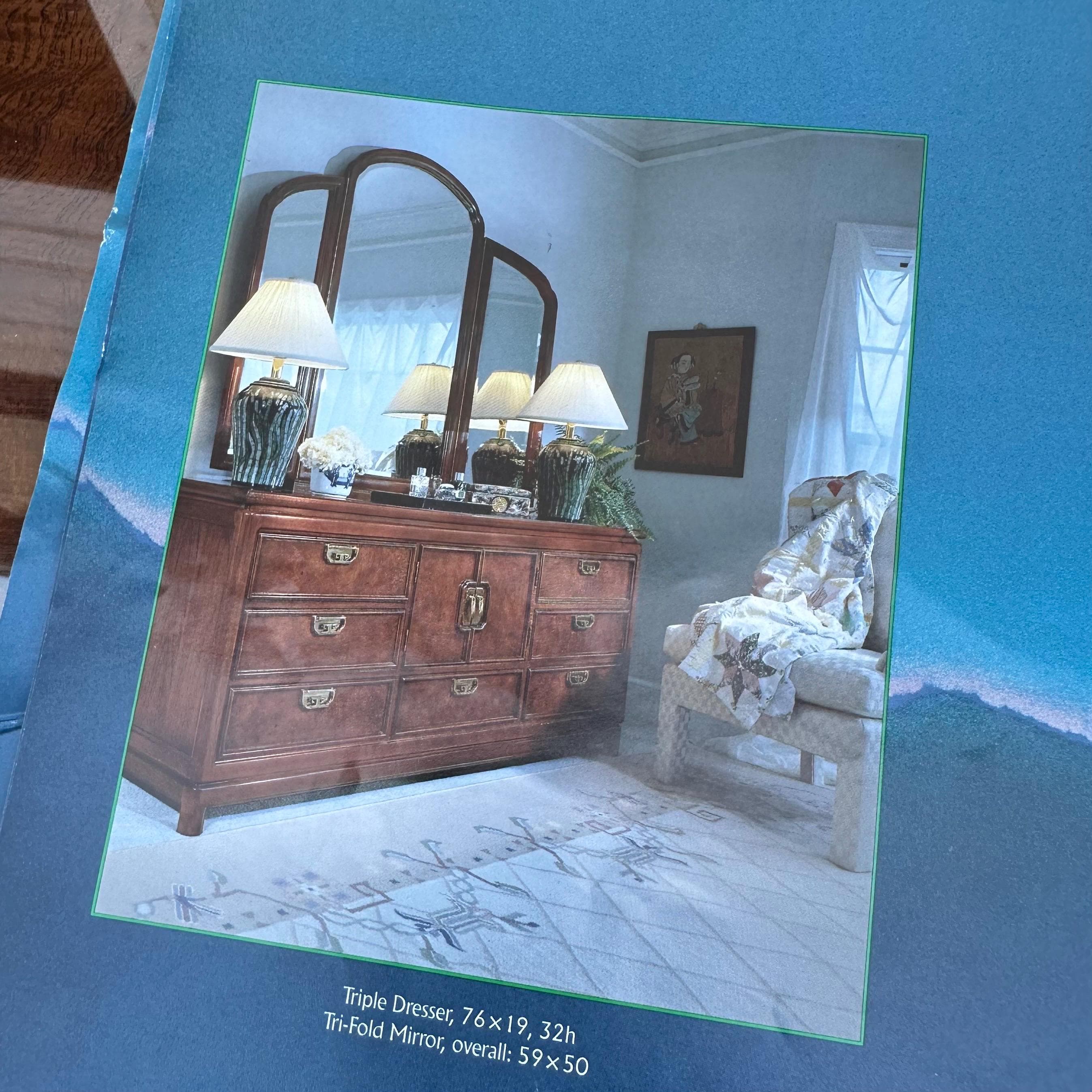 TriFold Mirror by Thomasville Mystique 59x50 - Vintage 3 Panel Pecan Wood Dresser Vanity Chinoiserie Asian Style Furniture - Thumbnail 2