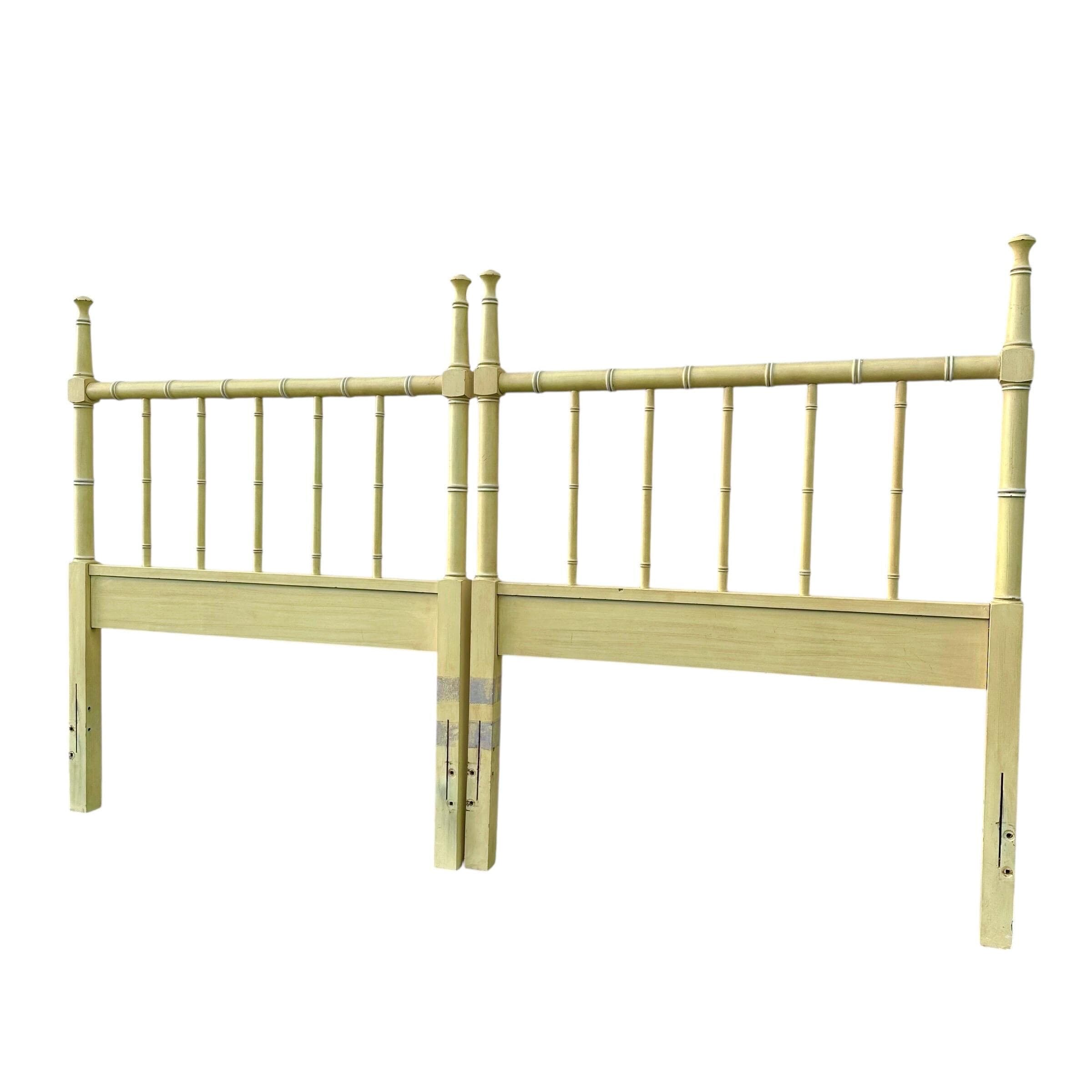 Yellow Faux Bamboo Twin Post Headboards - Set of 2 Vintage Henry Link Bali Hai Spindle Wood Hollywood Regency Coastal Bedroom Furniture Pair - Thumbnail 7