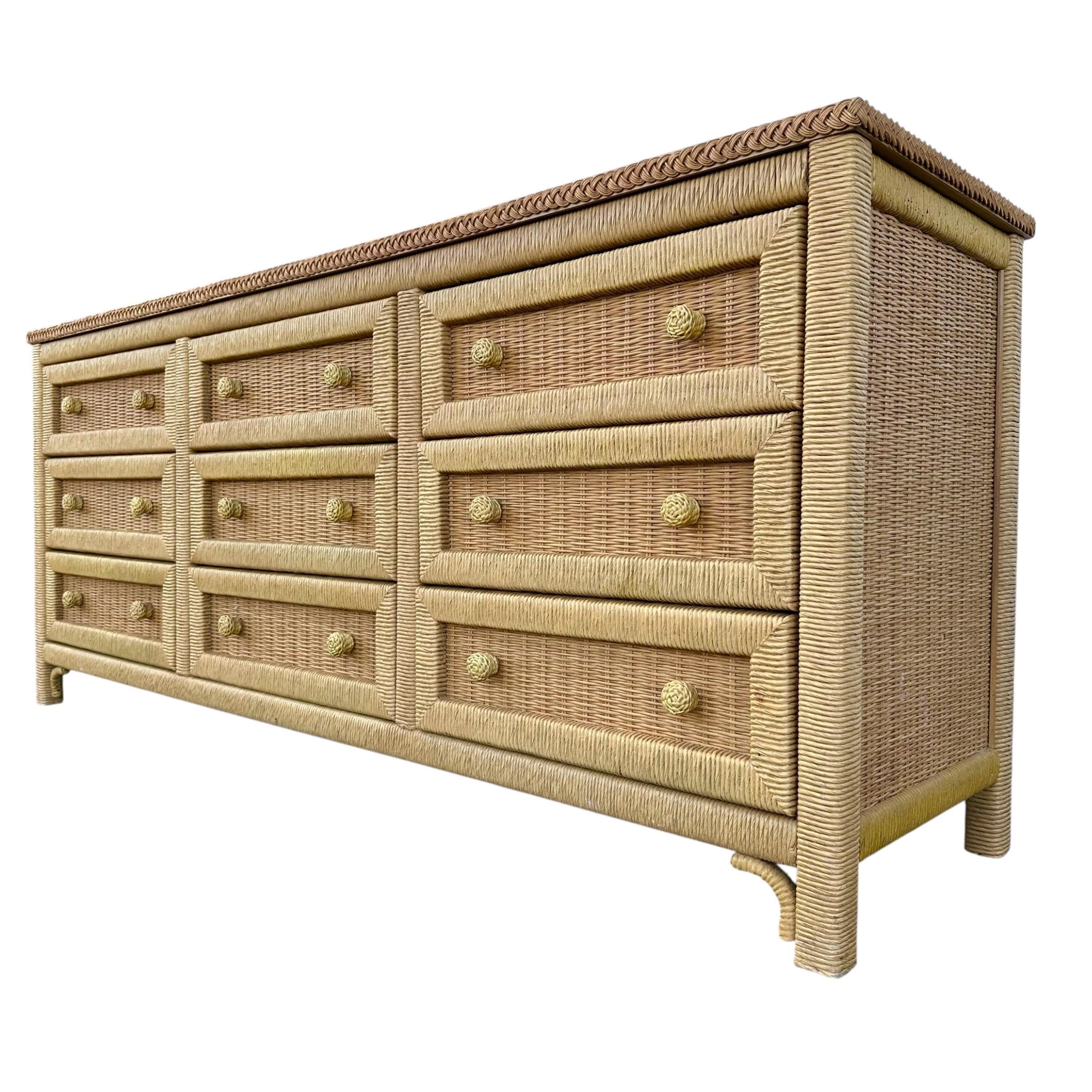 Henry Link Wicker Dresser with 9 Drawers - Vintage Wrapped Rattan Coastal Boho Chic Furniture - Thumbnail 10