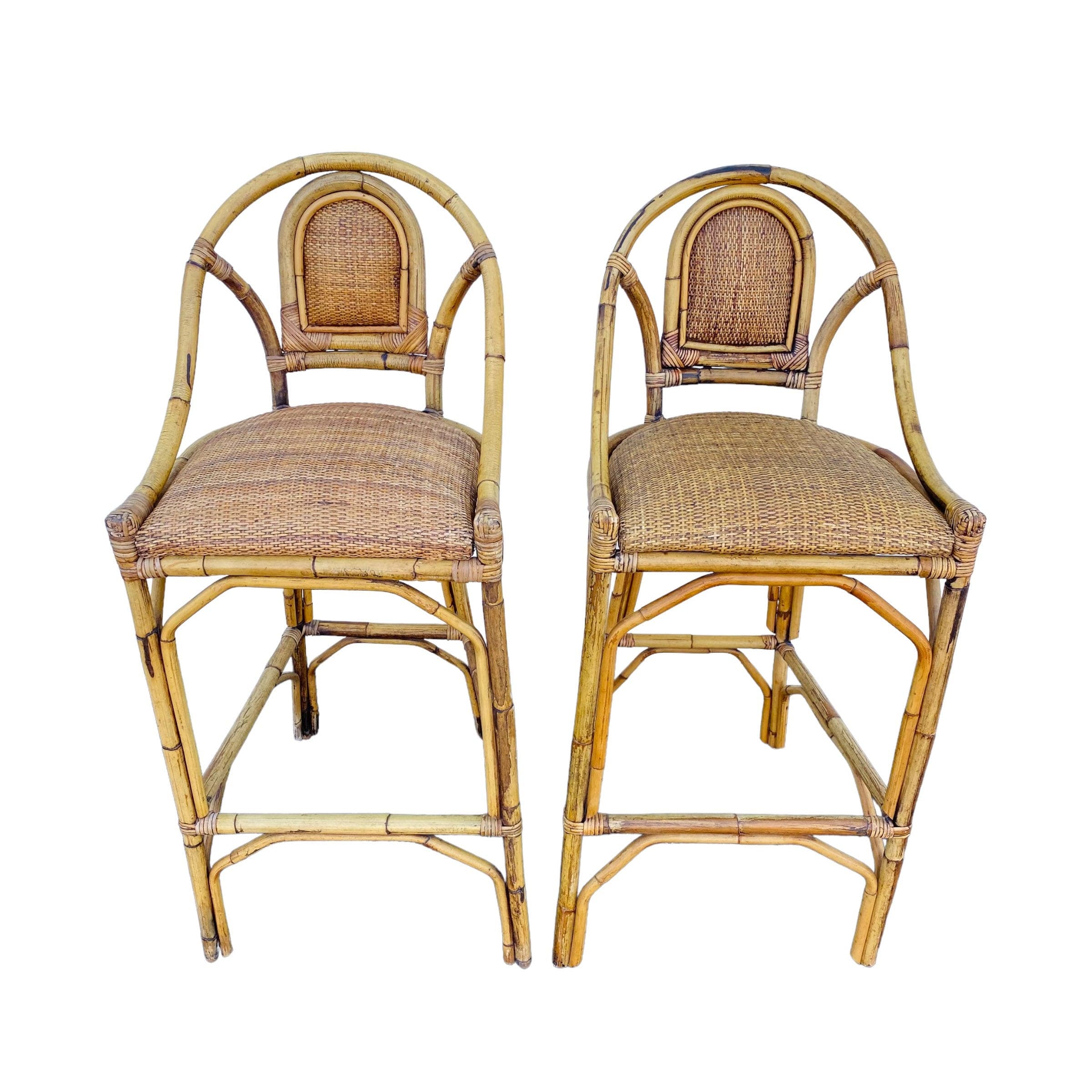 SOLD Set of 2 Vintage Rattan Barstools - Coastal Boho Chic Natural Bamboo Bentwood Wicker Chairs - Image 1