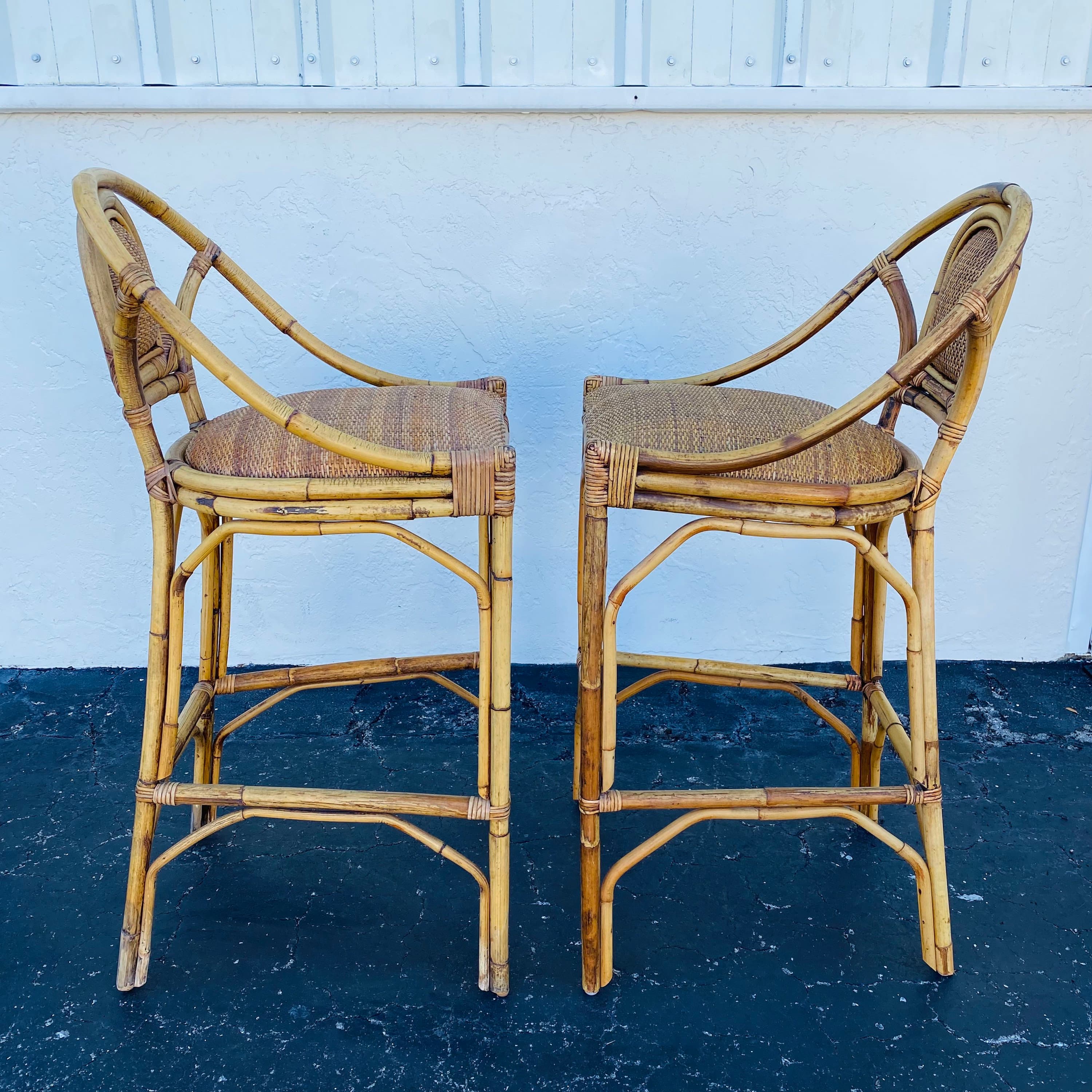 SOLD Set of 2 Vintage Rattan Barstools - Coastal Boho Chic Natural Bamboo Bentwood Wicker Chairs - Thumbnail 5