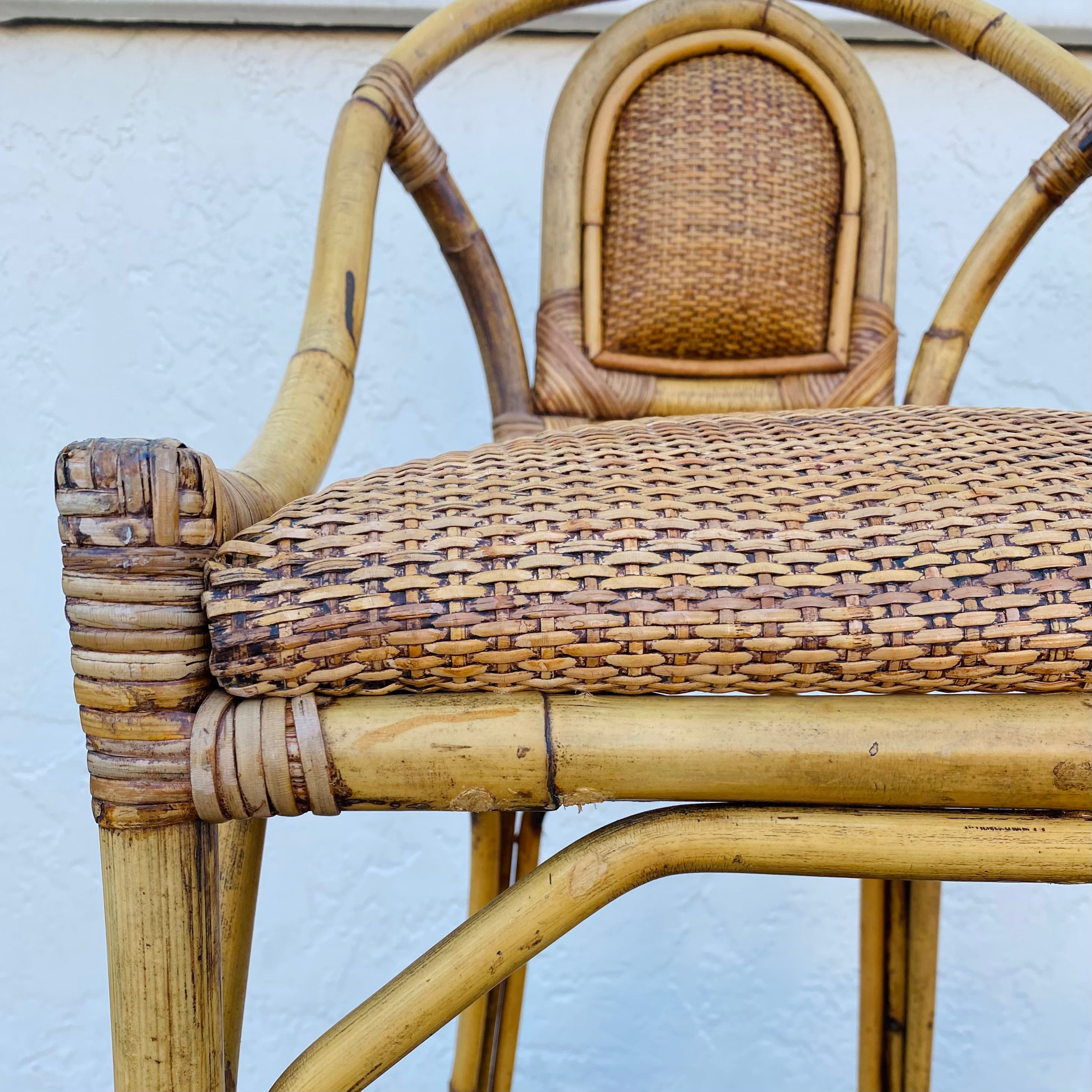 SOLD Set of 2 Vintage Rattan Barstools - Coastal Boho Chic Natural Bamboo Bentwood Wicker Chairs - Thumbnail 3