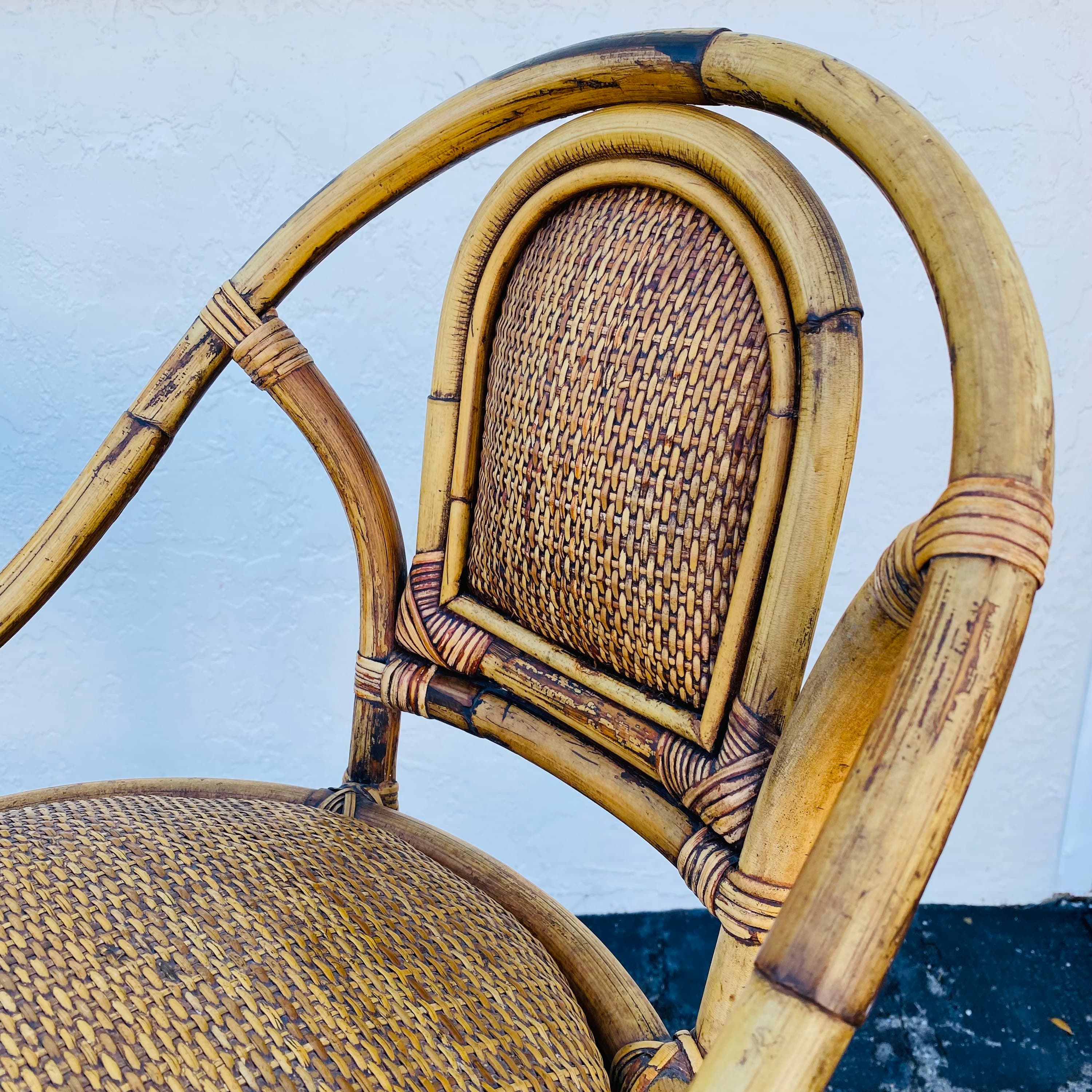 SOLD Set of 2 Vintage Rattan Barstools - Coastal Boho Chic Natural Bamboo Bentwood Wicker Chairs - Thumbnail 4