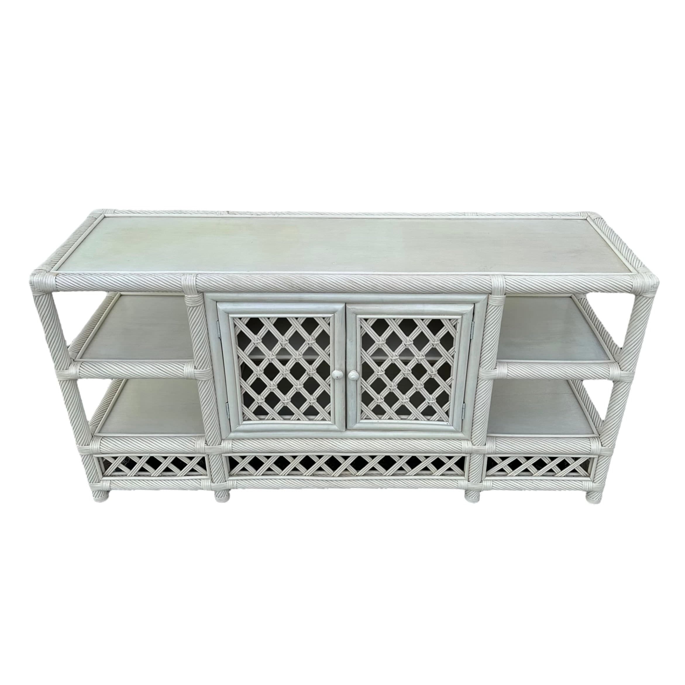 White Rattan Sideboard 60” - Vintage Woven Lattice Twisted Rope Media Center Console Hollywood Regency Coastal Wood Buffet Cabinet TV Table - Thumbnail 2