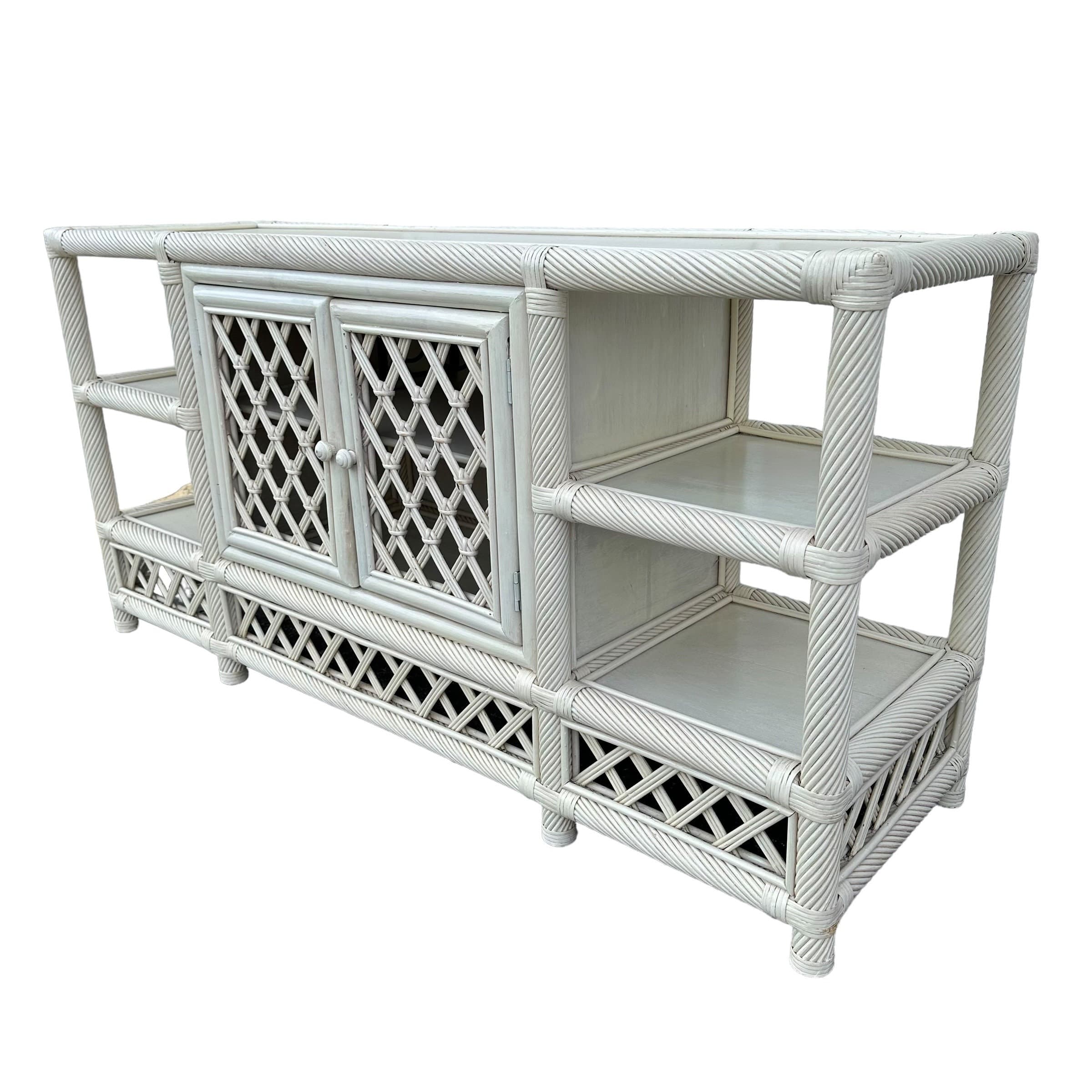 White Rattan Sideboard 60” - Vintage Woven Lattice Twisted Rope Media Center Console Hollywood Regency Coastal Wood Buffet Cabinet TV Table - Thumbnail 4