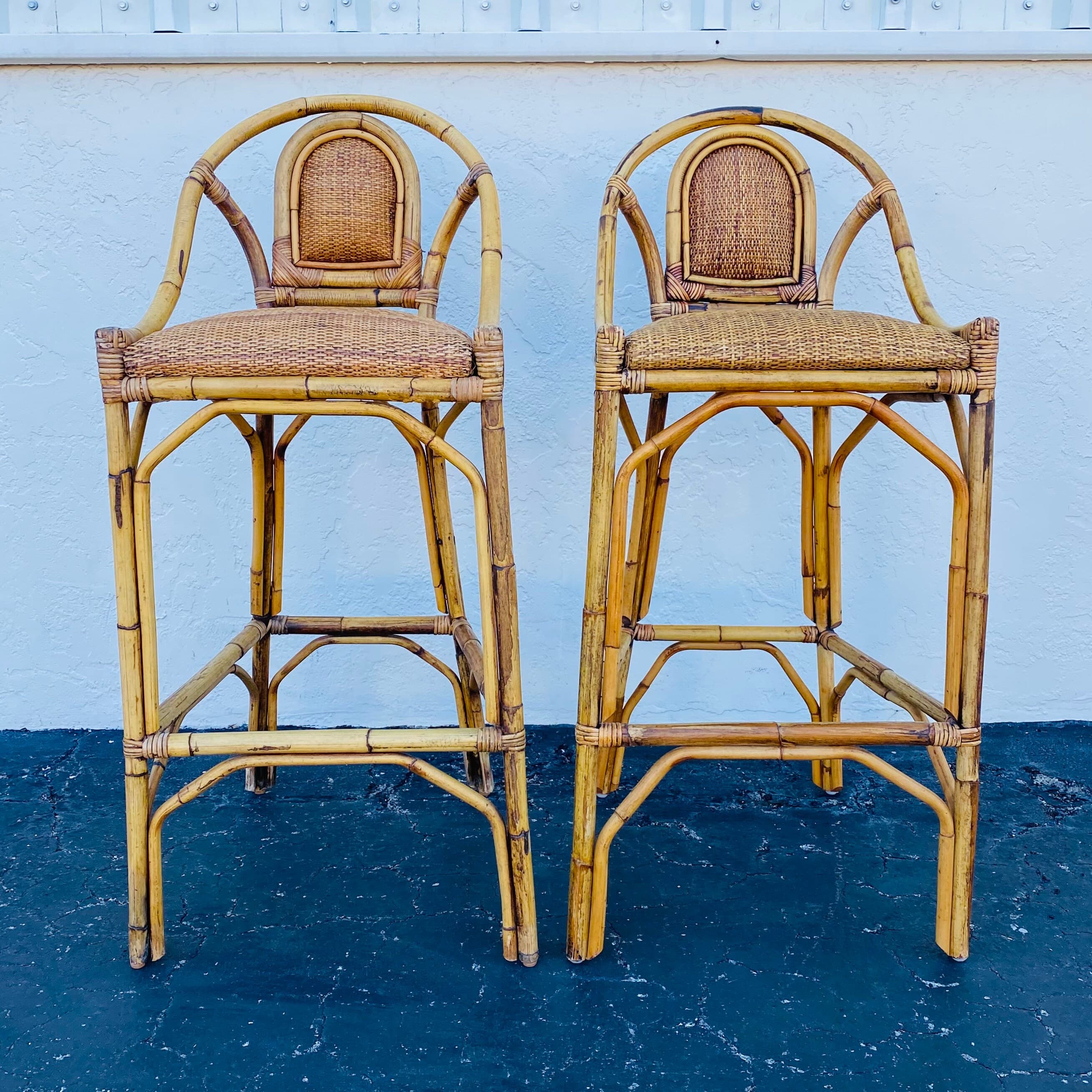 SOLD Set of 2 Vintage Rattan Barstools - Coastal Boho Chic Natural Bamboo Bentwood Wicker Chairs - Thumbnail 2