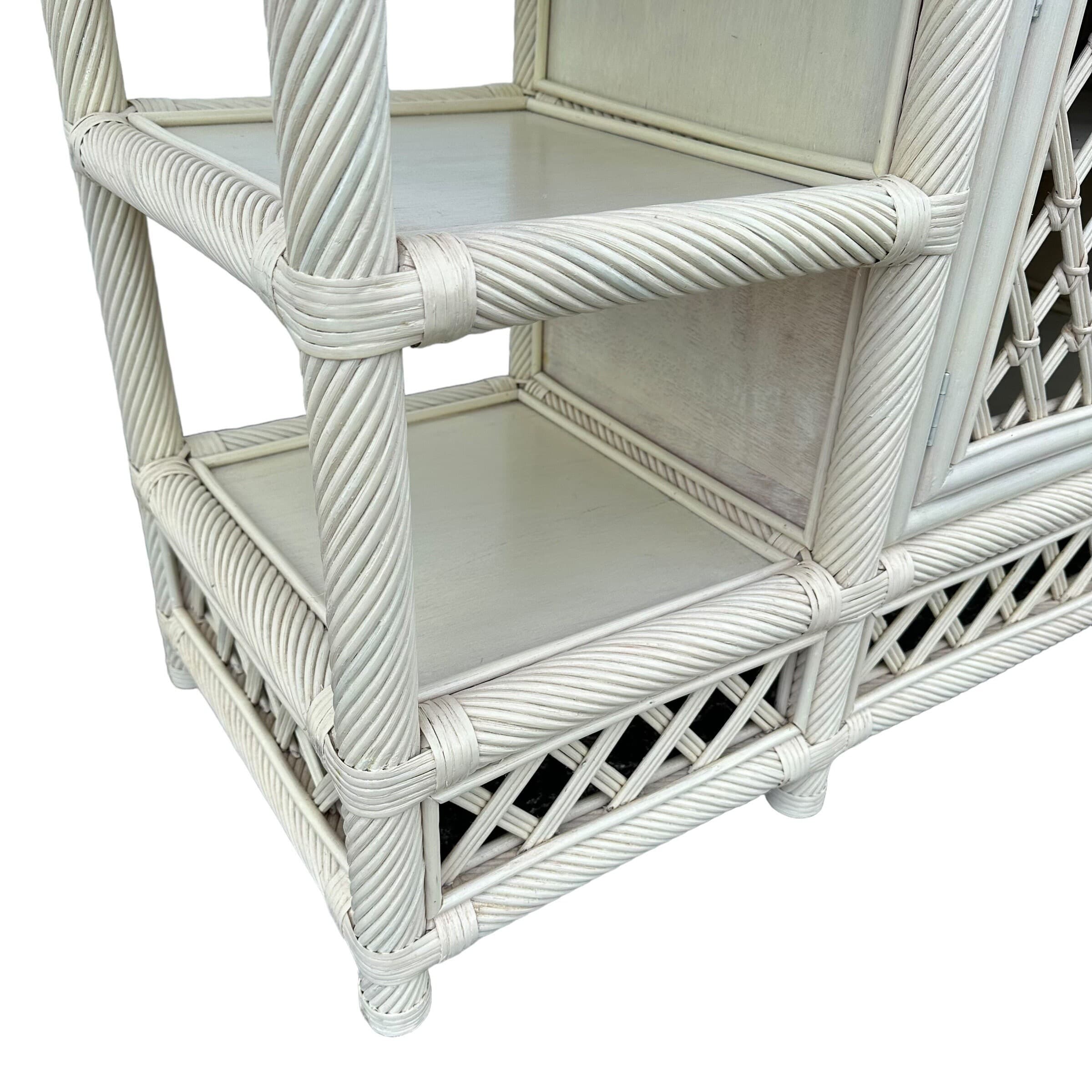 White Rattan Sideboard 60” - Vintage Woven Lattice Twisted Rope Media Center Console Hollywood Regency Coastal Wood Buffet Cabinet TV Table - Thumbnail 7