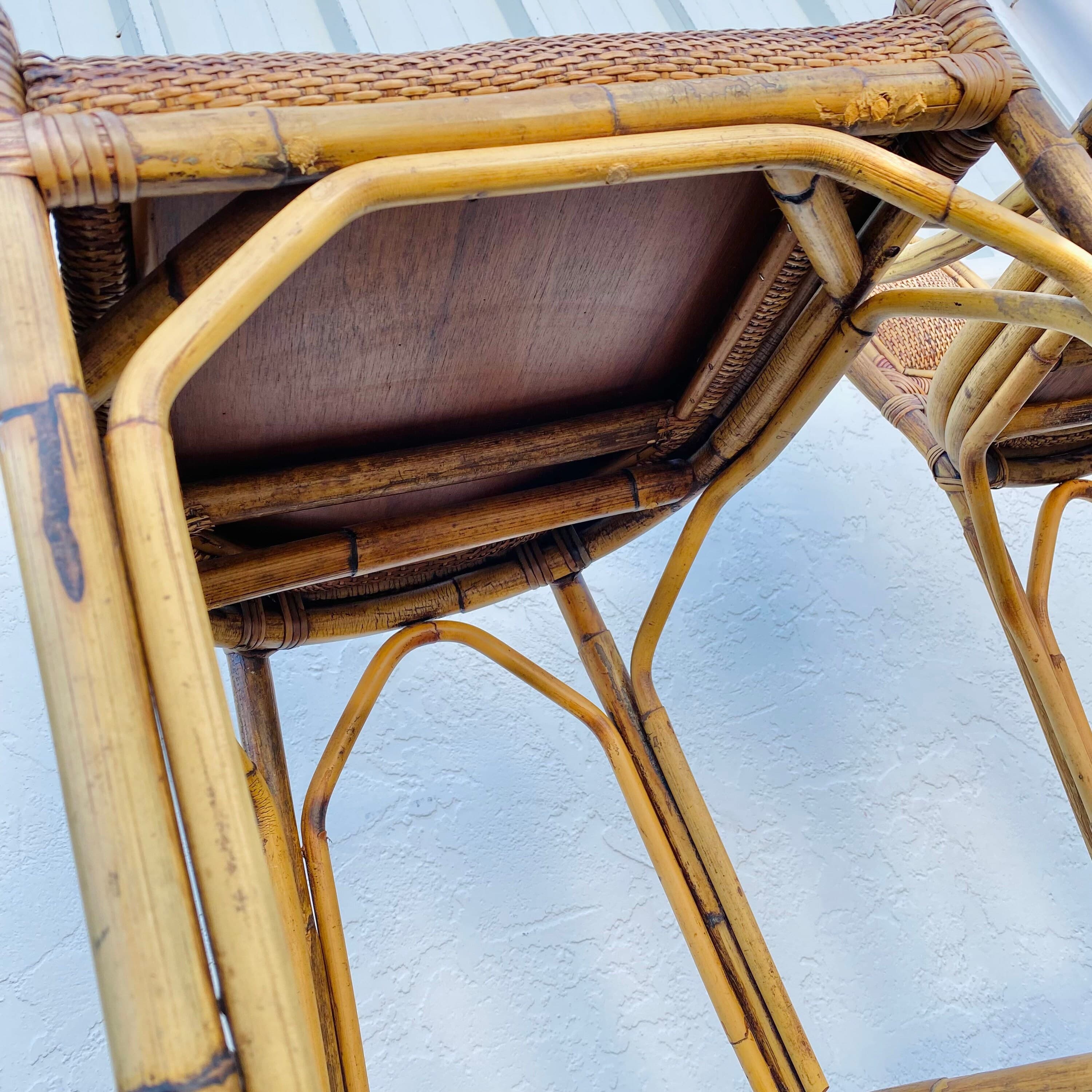 SOLD Set of 2 Vintage Rattan Barstools - Coastal Boho Chic Natural Bamboo Bentwood Wicker Chairs - Thumbnail 6