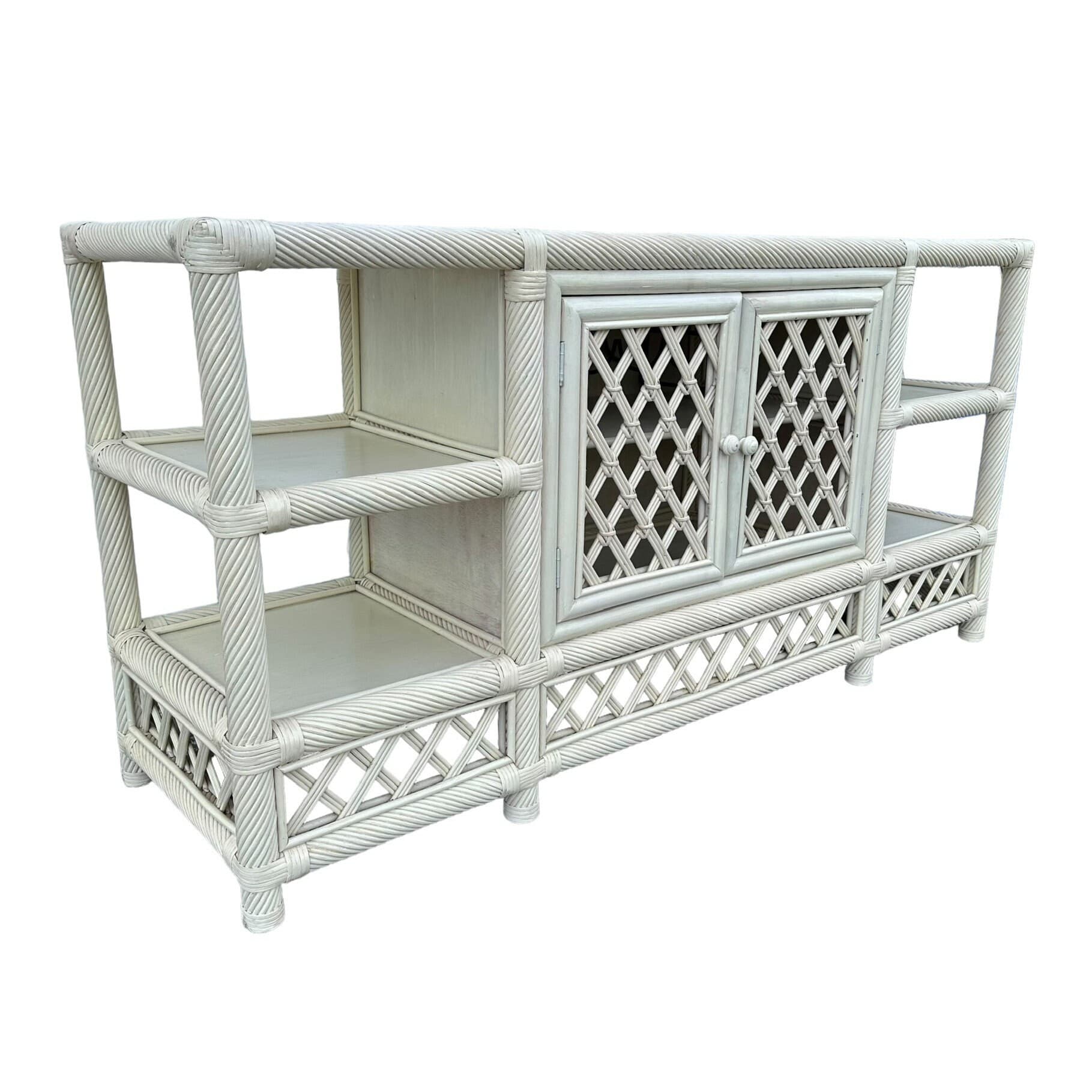 White Rattan Sideboard 60” - Vintage Woven Lattice Twisted Rope Media Center Console Hollywood Regency Coastal Wood Buffet Cabinet TV Table - Thumbnail 9