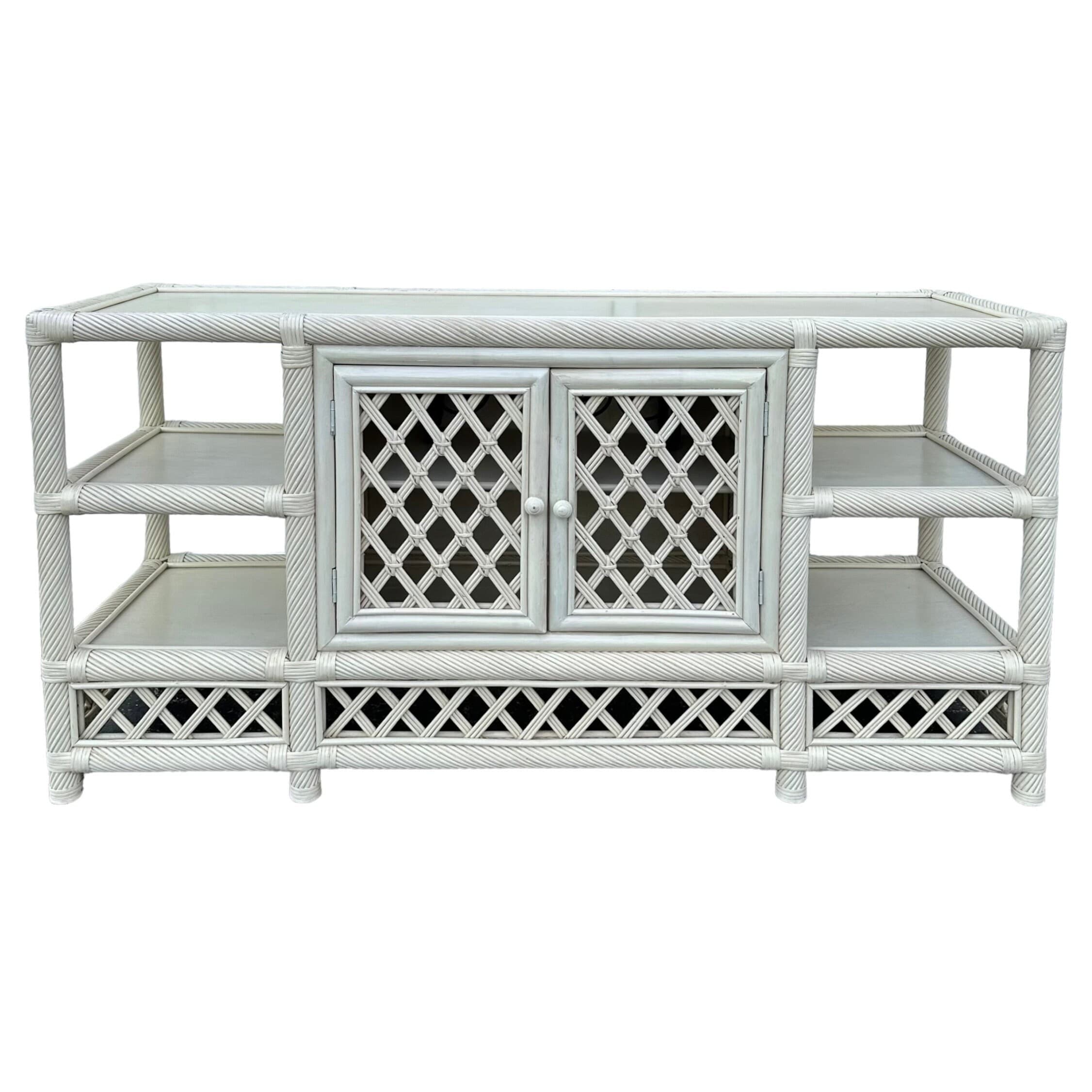 White Rattan Sideboard 60” - Vintage Woven Lattice Twisted Rope Media Center Console Hollywood Regency Coastal Wood Buffet Cabinet TV Table - Thumbnail 10