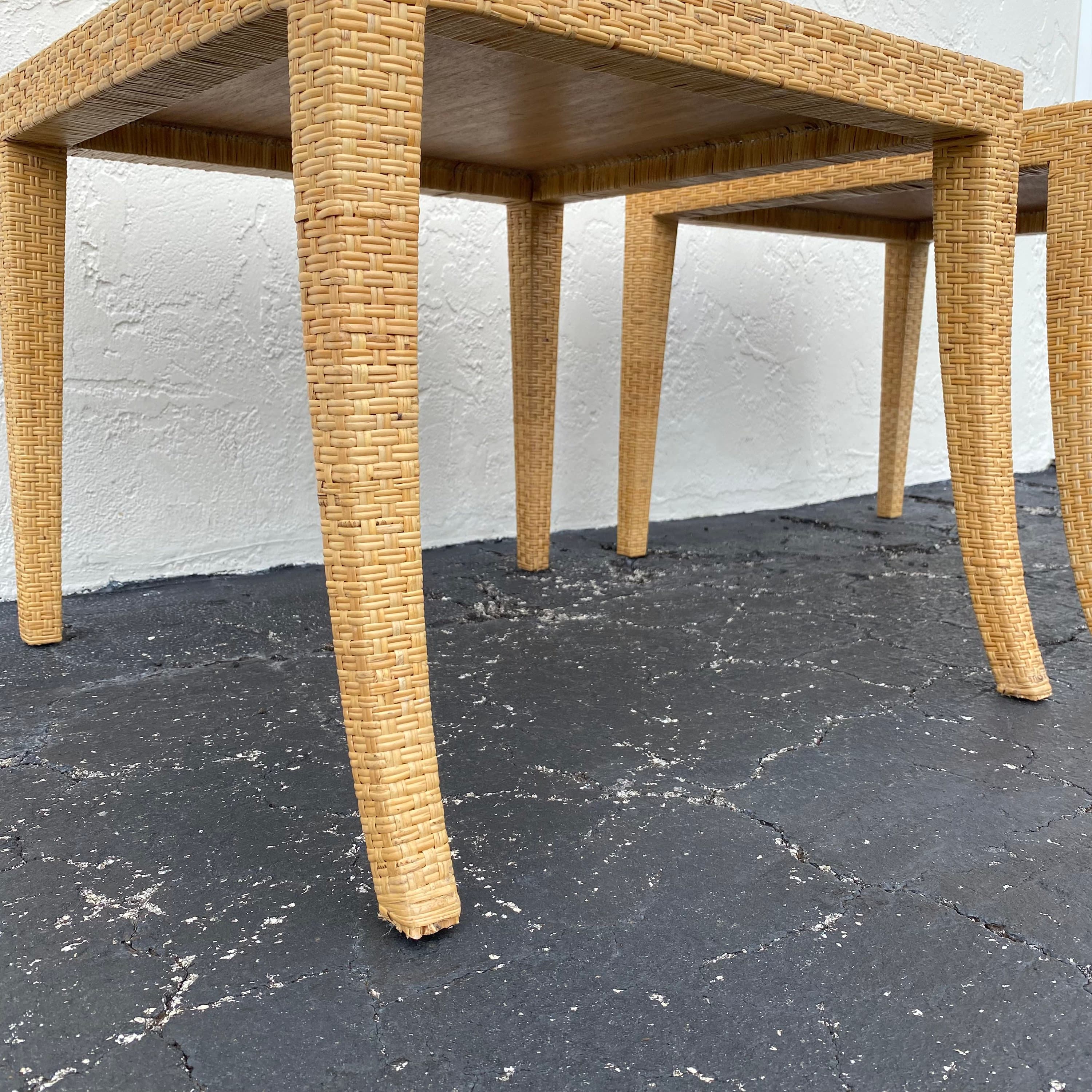 Rattan End Tables Pair - Set of 2 Vintage Natural Woven Wicker Side Table - Coastal Boho Chic Hollywood Regency MCM Furniture - Thumbnail 8