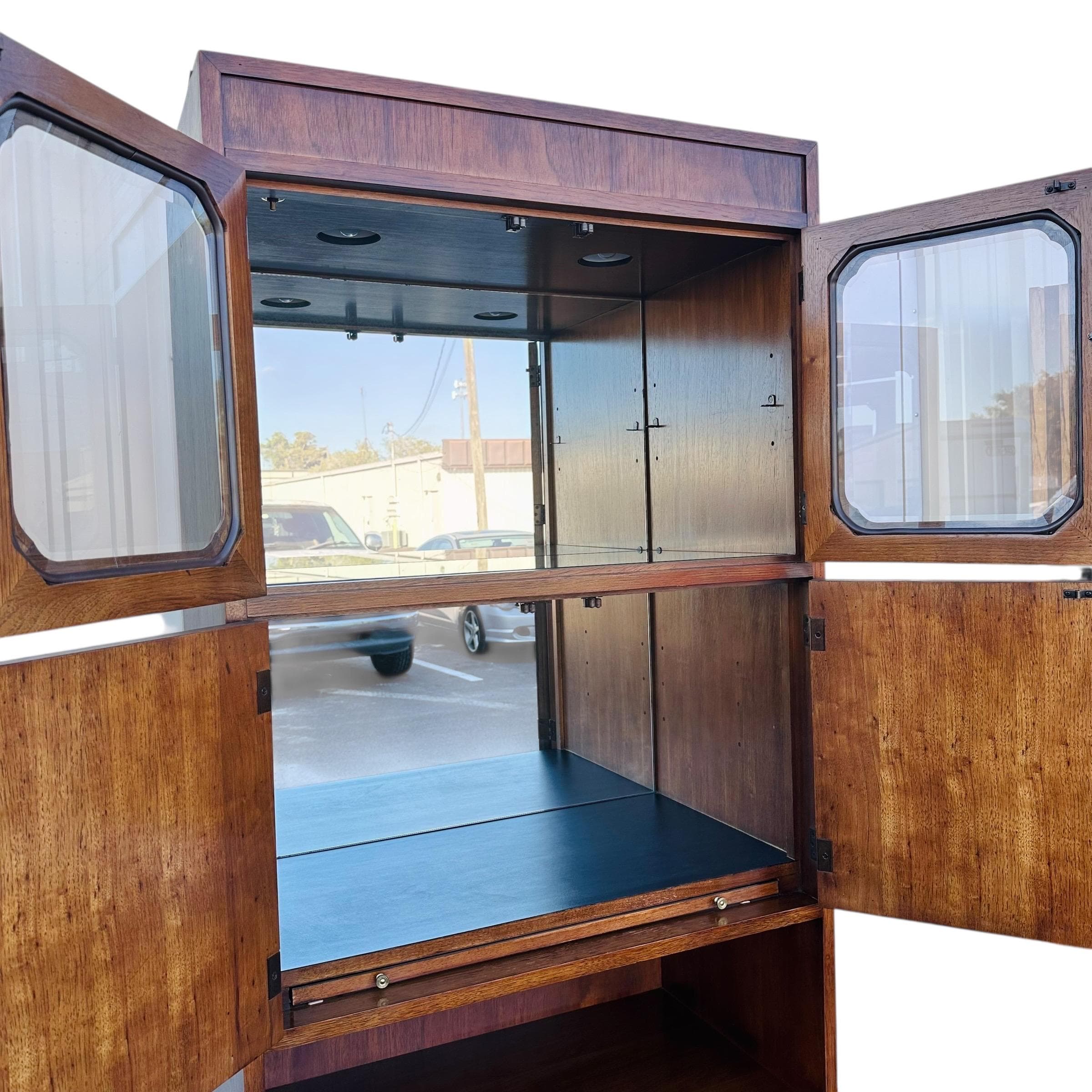 Lighted Bar Cabinet by Thomasville Mystique- Vintage Chinoiserie Asian Style Wood, Mirror Glass & Brass Storage Case, Drawers, Display Shelf - Thumbnail 3