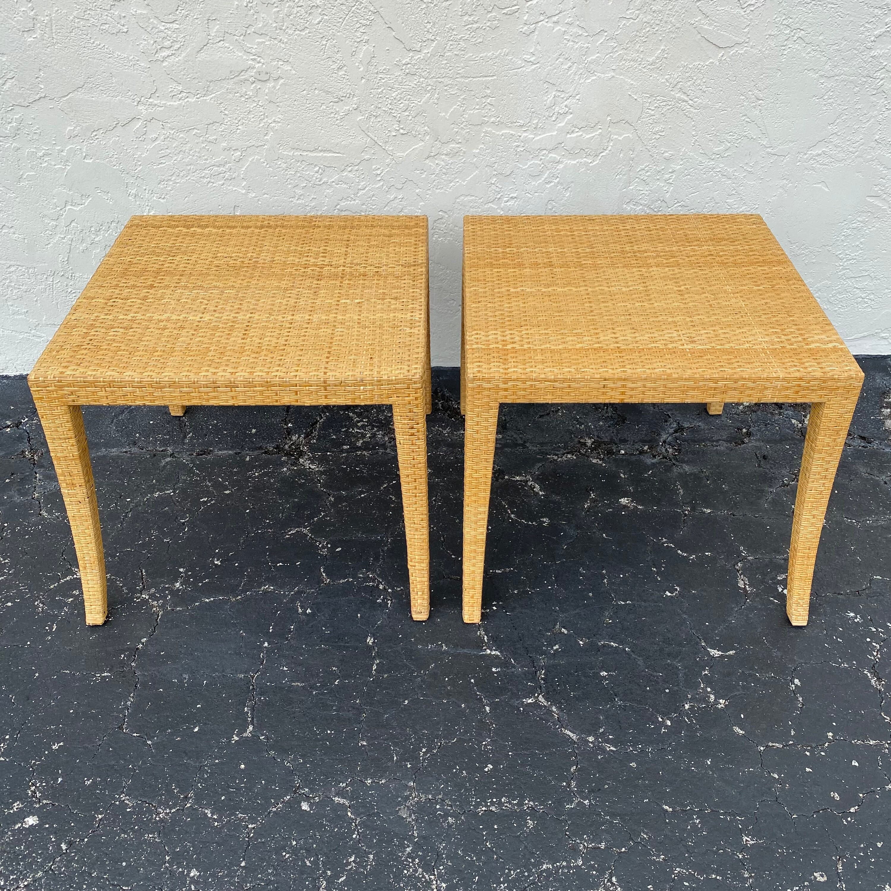 Rattan End Tables Pair - Set of 2 Vintage Natural Woven Wicker Side Table - Coastal Boho Chic Hollywood Regency MCM Furniture - Thumbnail 2