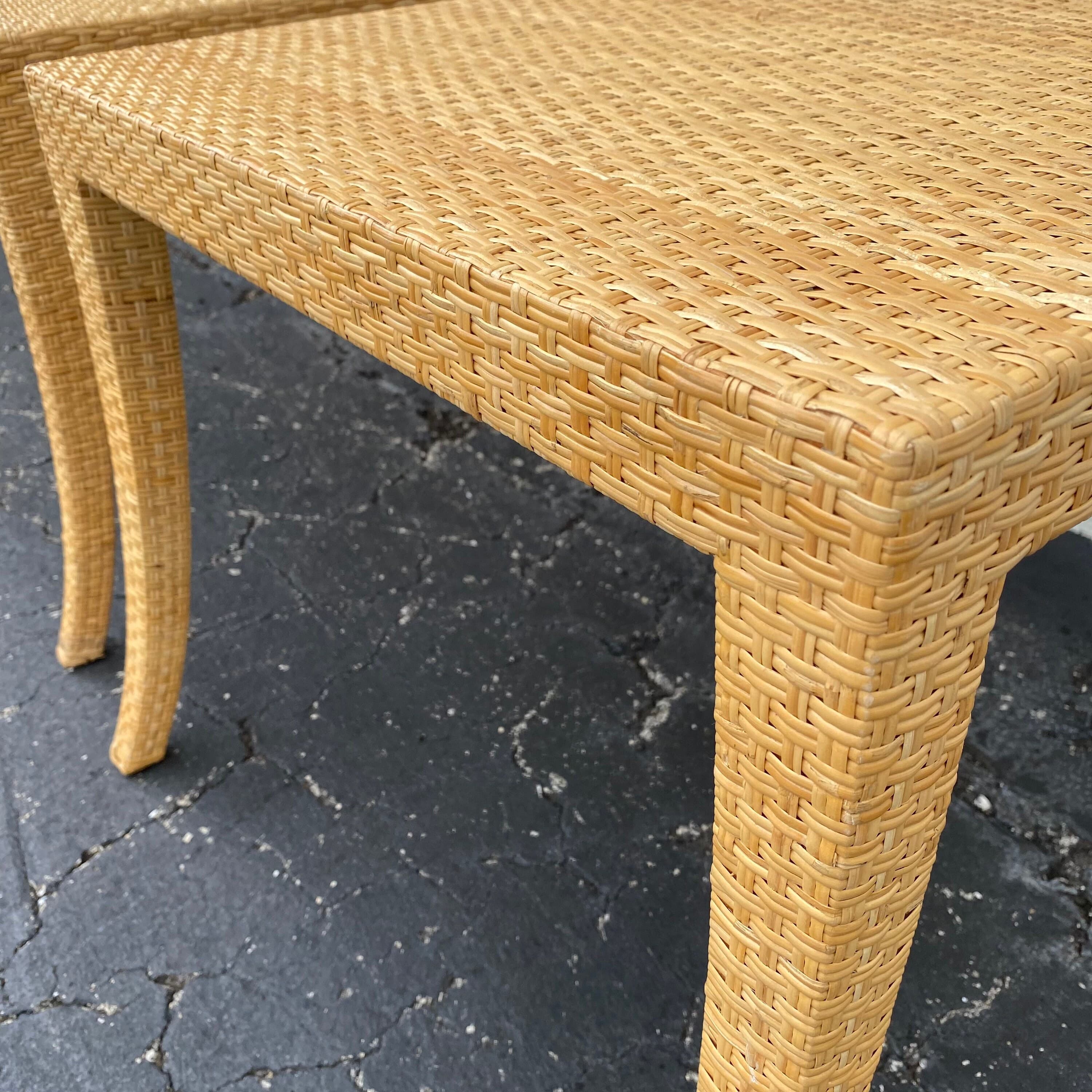Rattan End Tables Pair - Set of 2 Vintage Natural Woven Wicker Side Table - Coastal Boho Chic Hollywood Regency MCM Furniture - Thumbnail 7