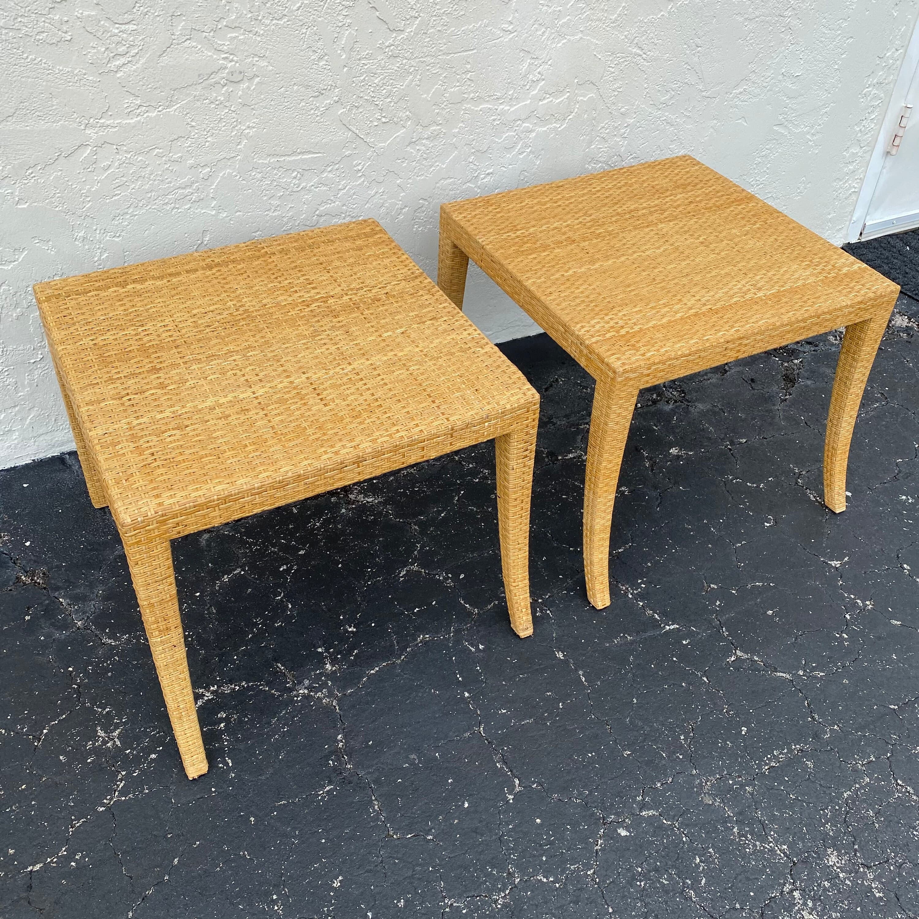 Rattan End Tables Pair - Set of 2 Vintage Natural Woven Wicker Side Table - Coastal Boho Chic Hollywood Regency MCM Furniture - Thumbnail 9