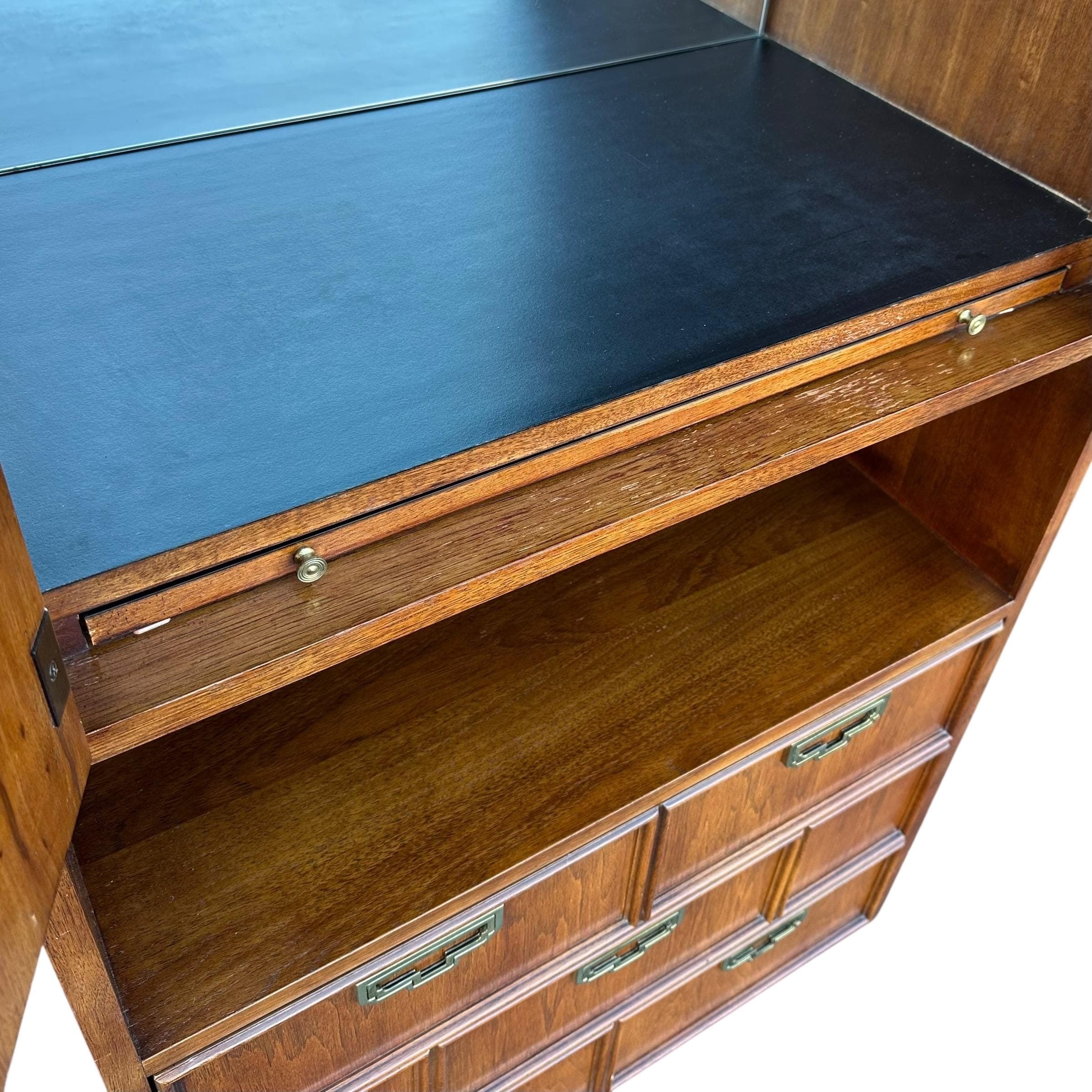 Lighted Bar Cabinet by Thomasville Mystique- Vintage Chinoiserie Asian Style Wood, Mirror Glass & Brass Storage Case, Drawers, Display Shelf - Thumbnail 13