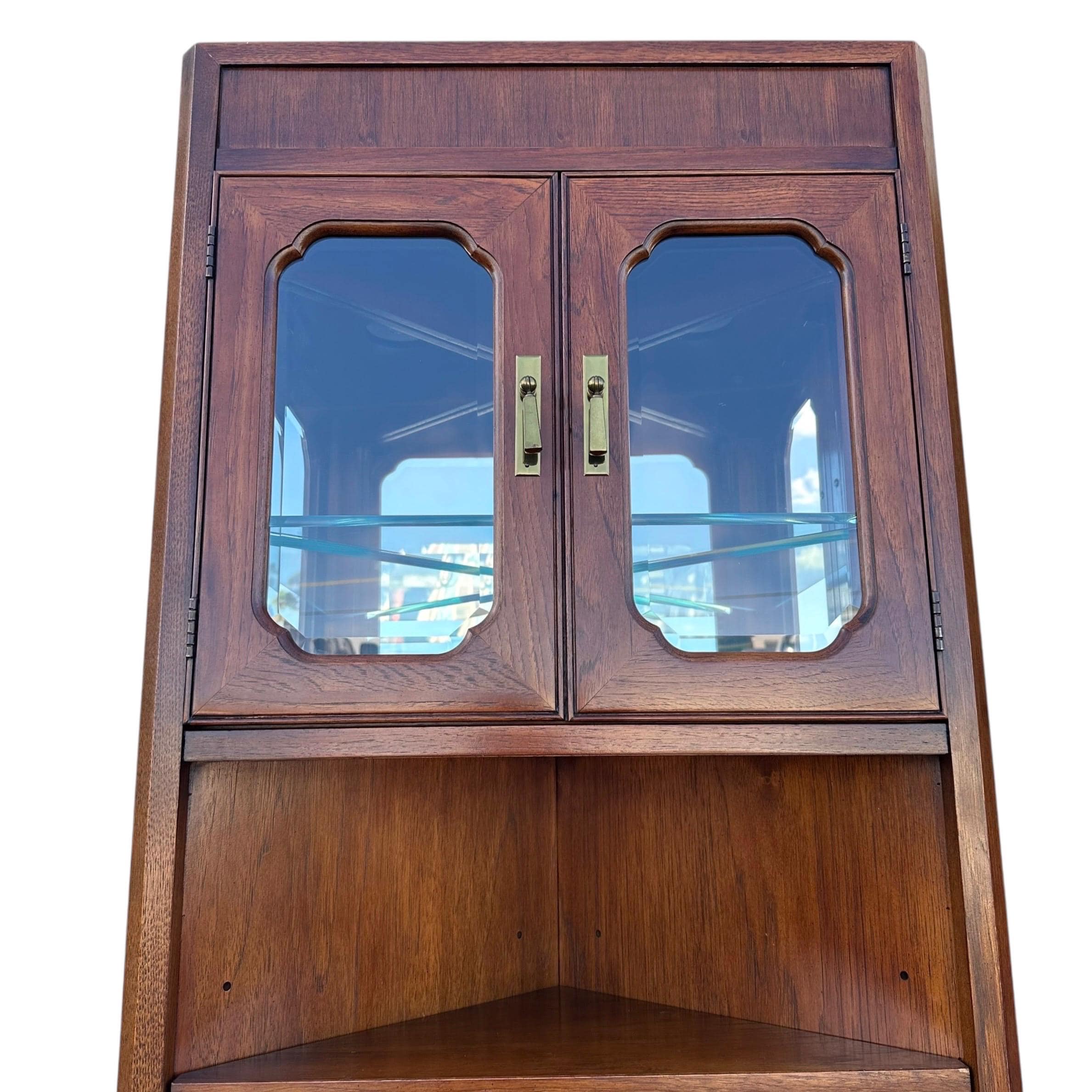 Set of 2 Lighted Corner Cabinets 79” Tall by Thomasville Mystique - Vintage Chinoiserie Asian Wood, Mirror Glass & Brass Display Cases - Thumbnail 4