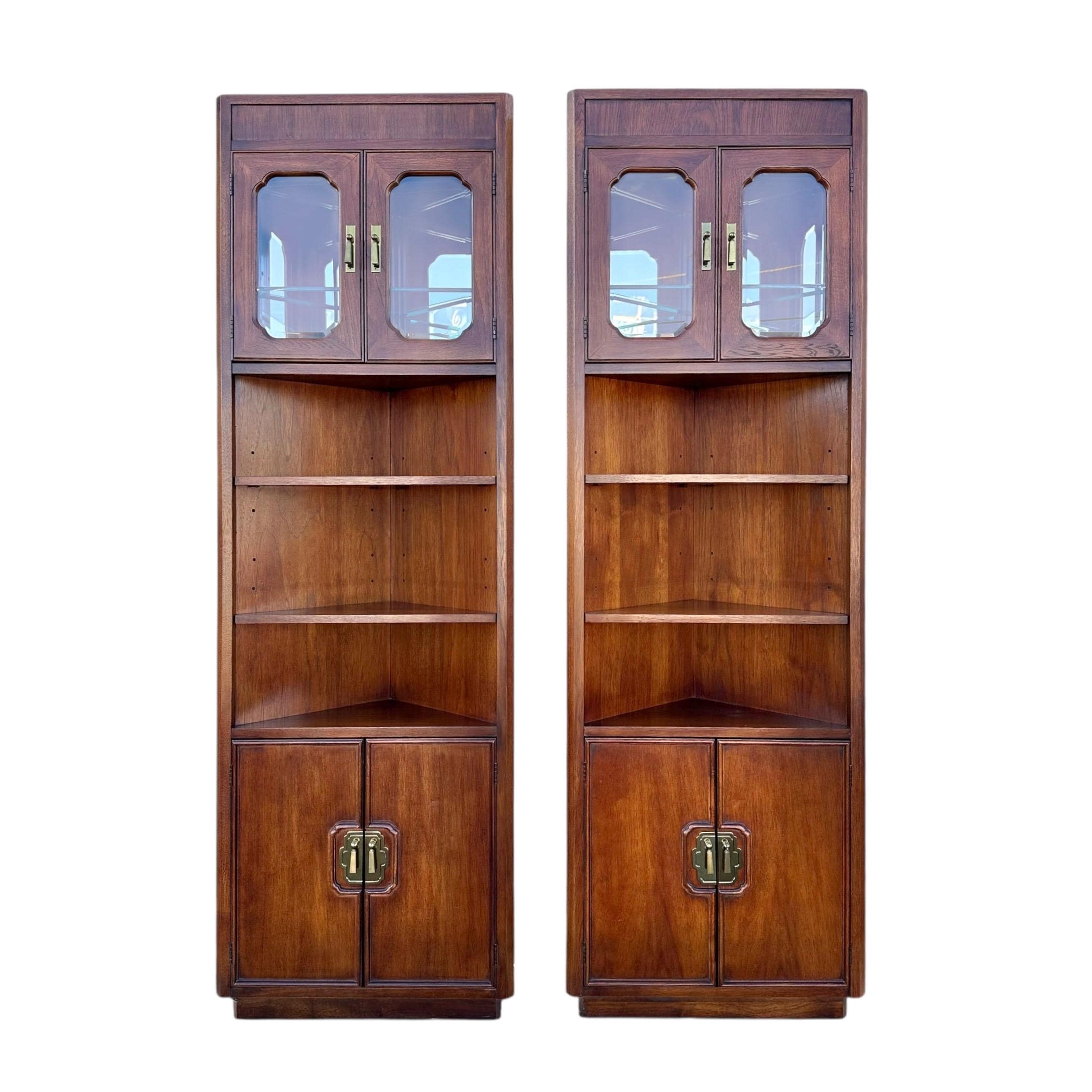 Set of 2 Lighted Corner Cabinets 79” Tall by Thomasville Mystique - Vintage Chinoiserie Asian Wood, Mirror Glass & Brass Display Cases