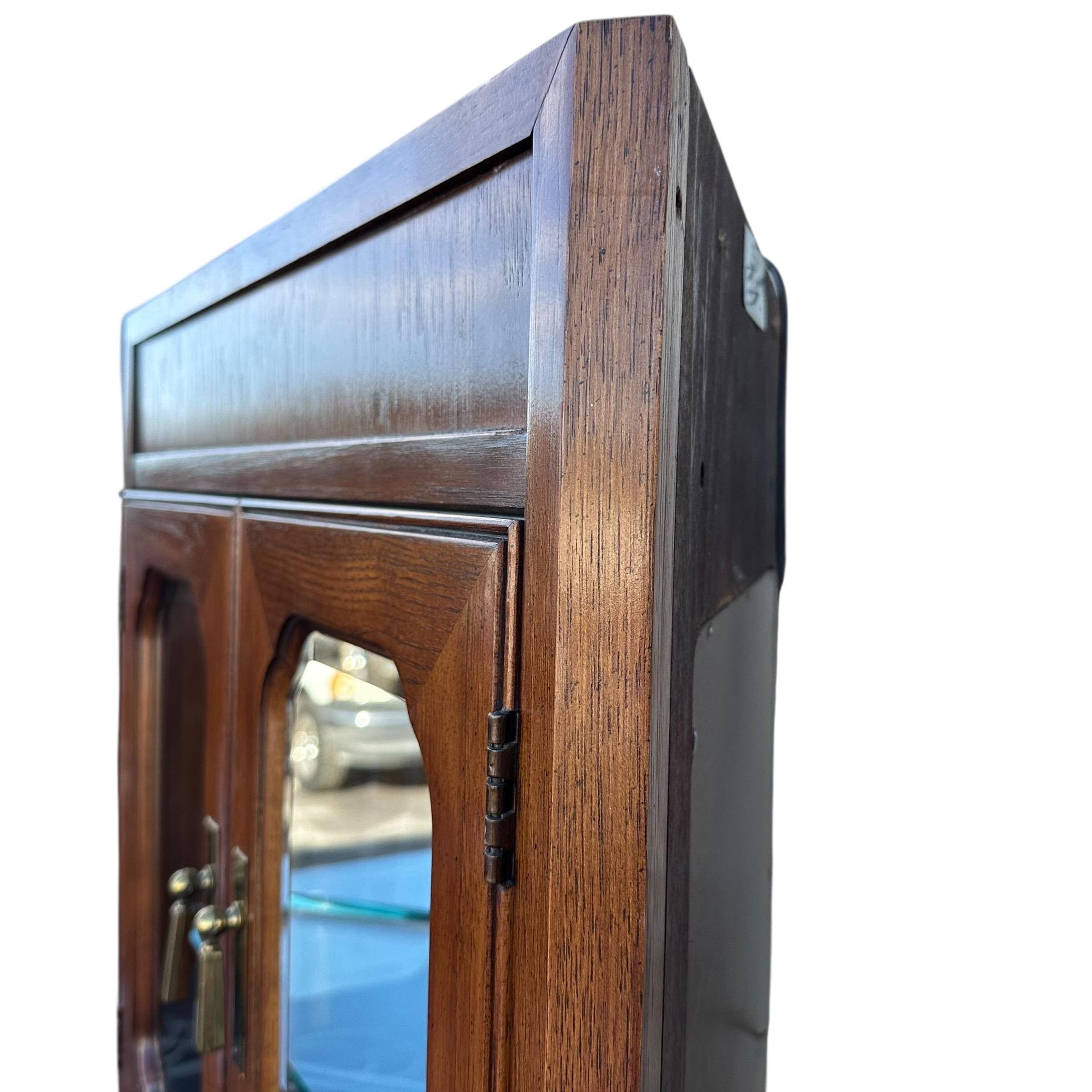 Set of 2 Lighted Corner Cabinets 79” Tall by Thomasville Mystique - Vintage Chinoiserie Asian Wood, Mirror Glass & Brass Display Cases - Thumbnail 11