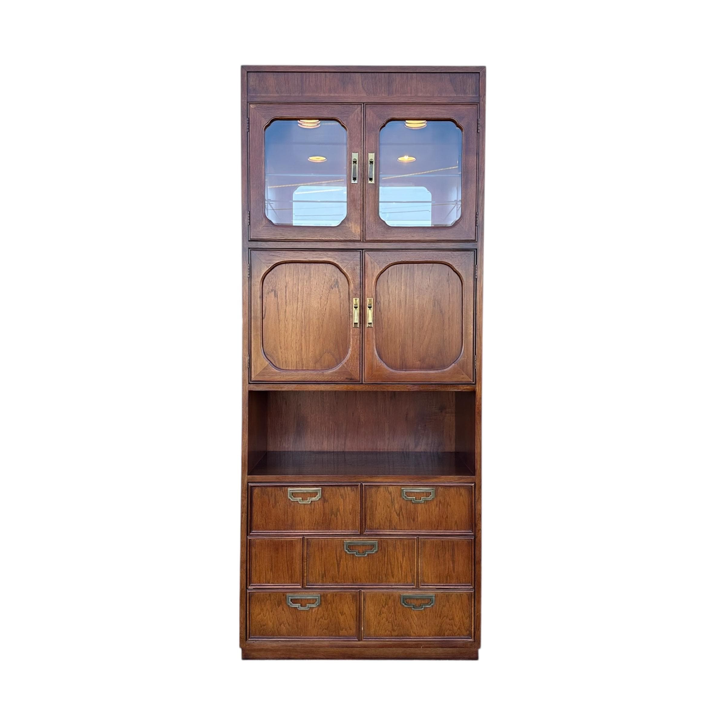 Lighted Bar Cabinet by Thomasville Mystique- Vintage Chinoiserie Asian Style Wood, Mirror Glass & Brass Storage Case, Drawers, Display Shelf - Thumbnail 20