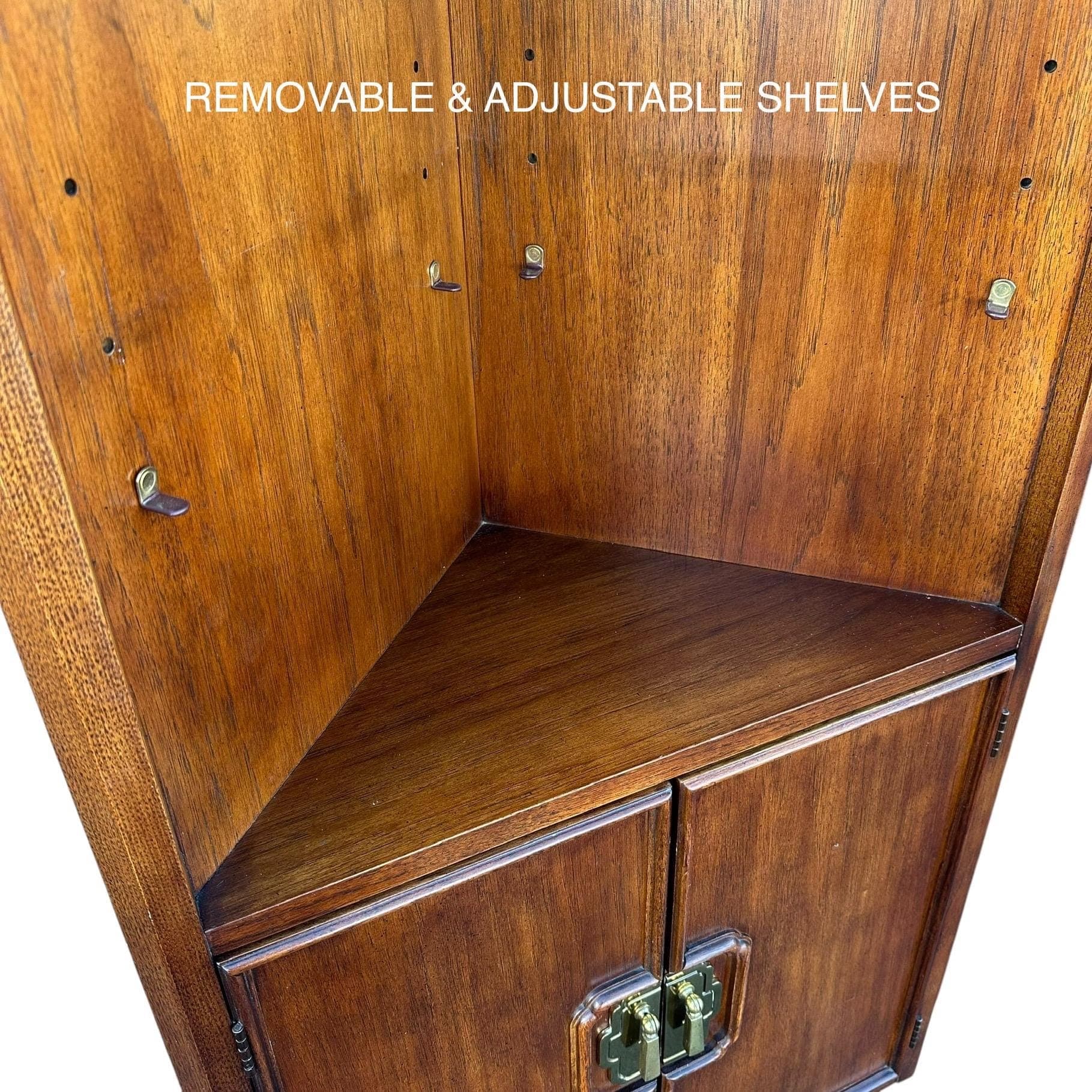 Set of 2 Lighted Corner Cabinets 79” Tall by Thomasville Mystique - Vintage Chinoiserie Asian Wood, Mirror Glass & Brass Display Cases - Thumbnail 13